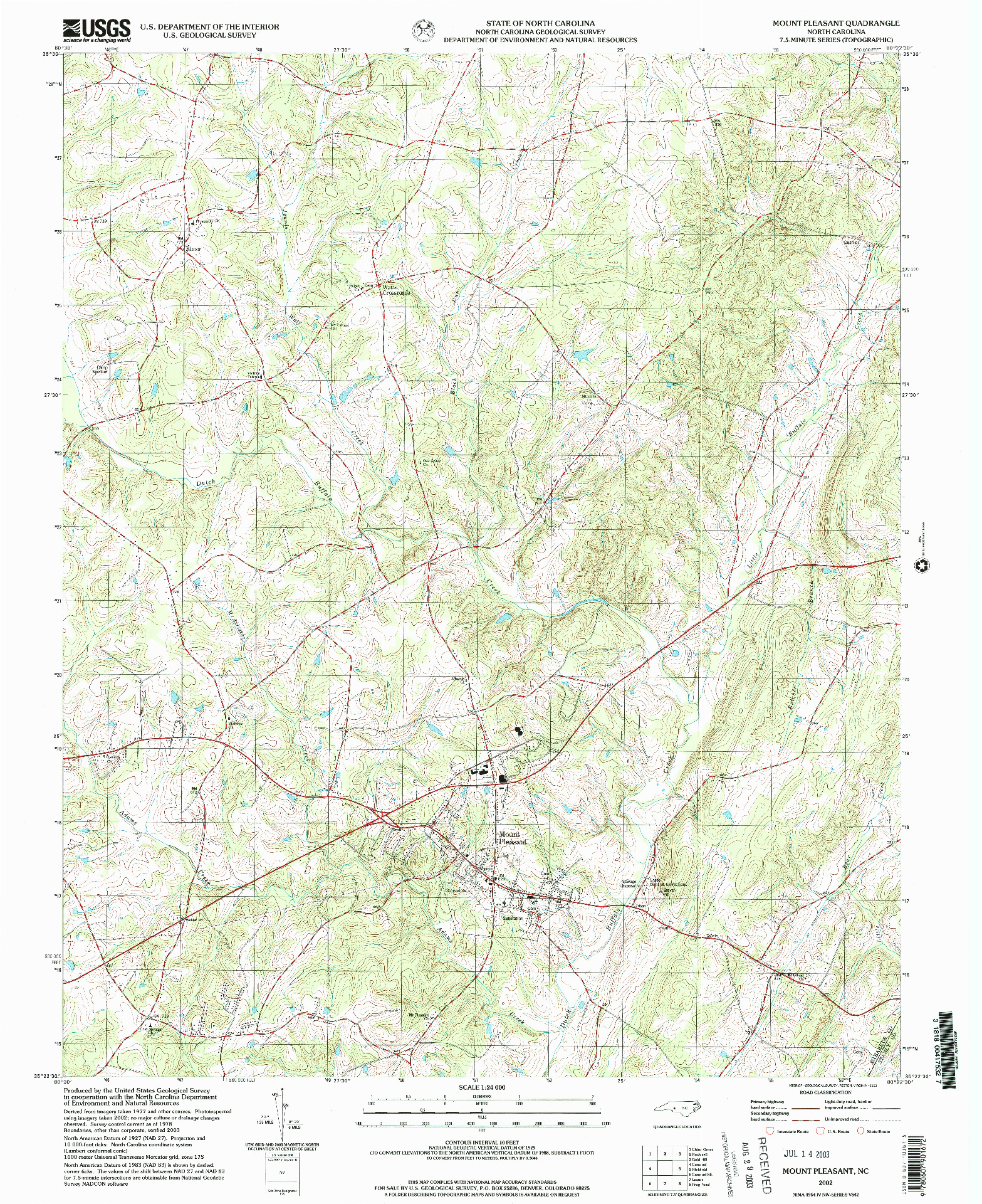 USGS 1:24000-SCALE QUADRANGLE FOR MOUNT PLEASANT, NC 2002
