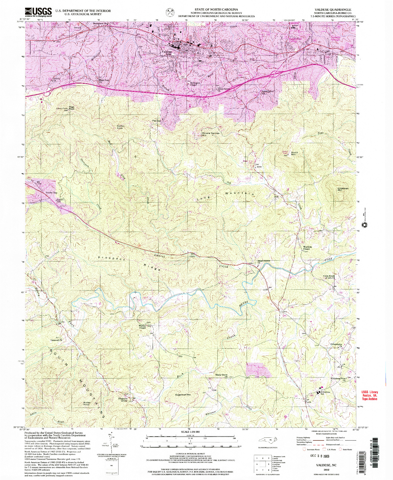 USGS 1:24000-SCALE QUADRANGLE FOR VALDESE, NC 2002