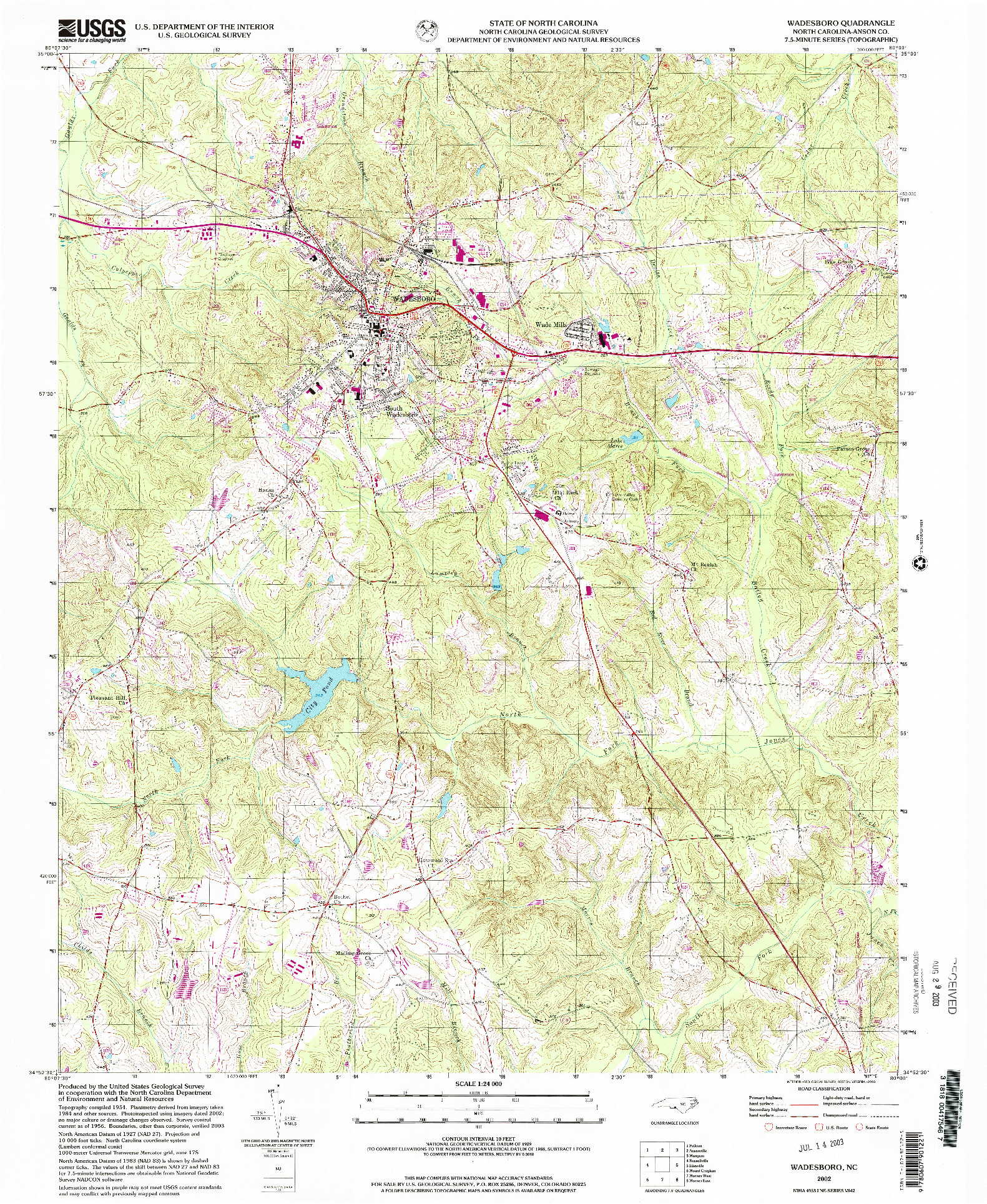 USGS 1:24000-SCALE QUADRANGLE FOR WADESBORO, NC 2002