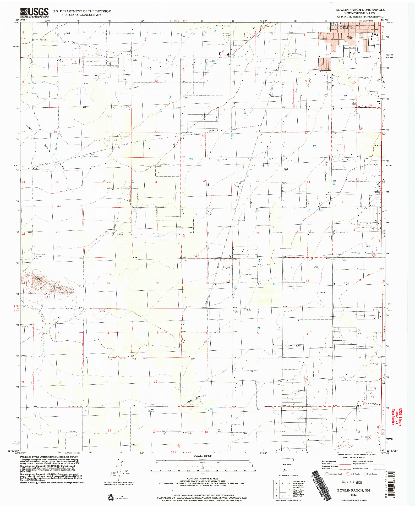 USGS 1:24000-SCALE QUADRANGLE FOR BOWLIN RANCH, NM 1996