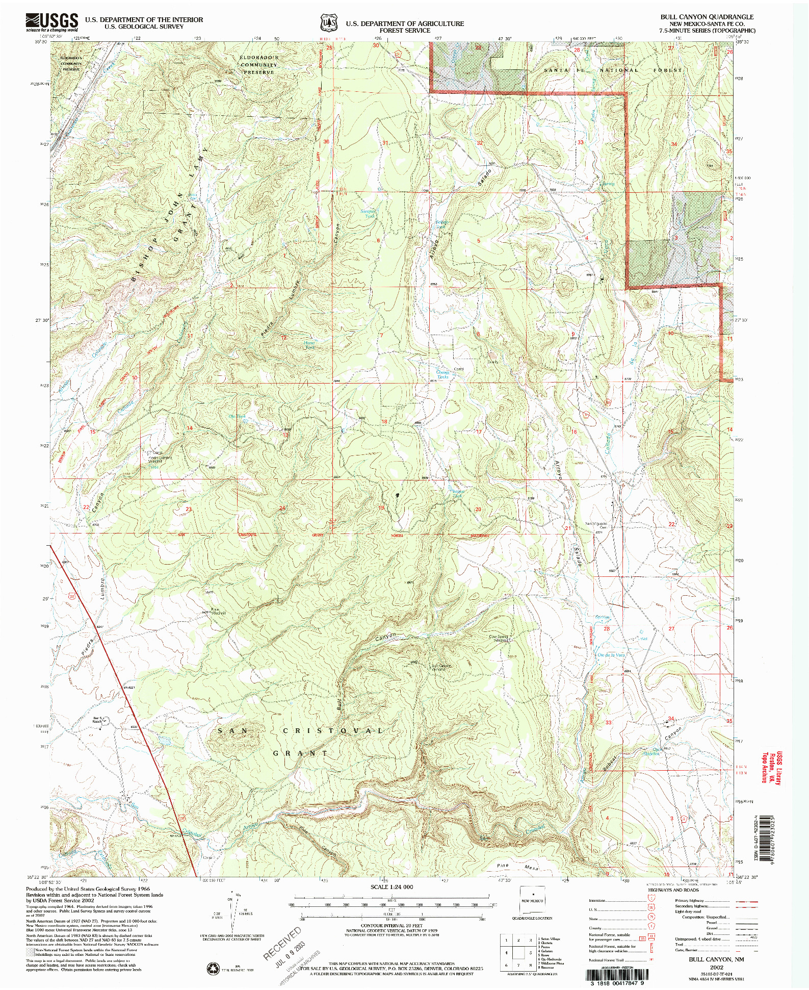 USGS 1:24000-SCALE QUADRANGLE FOR BULL CANYON, NM 2002