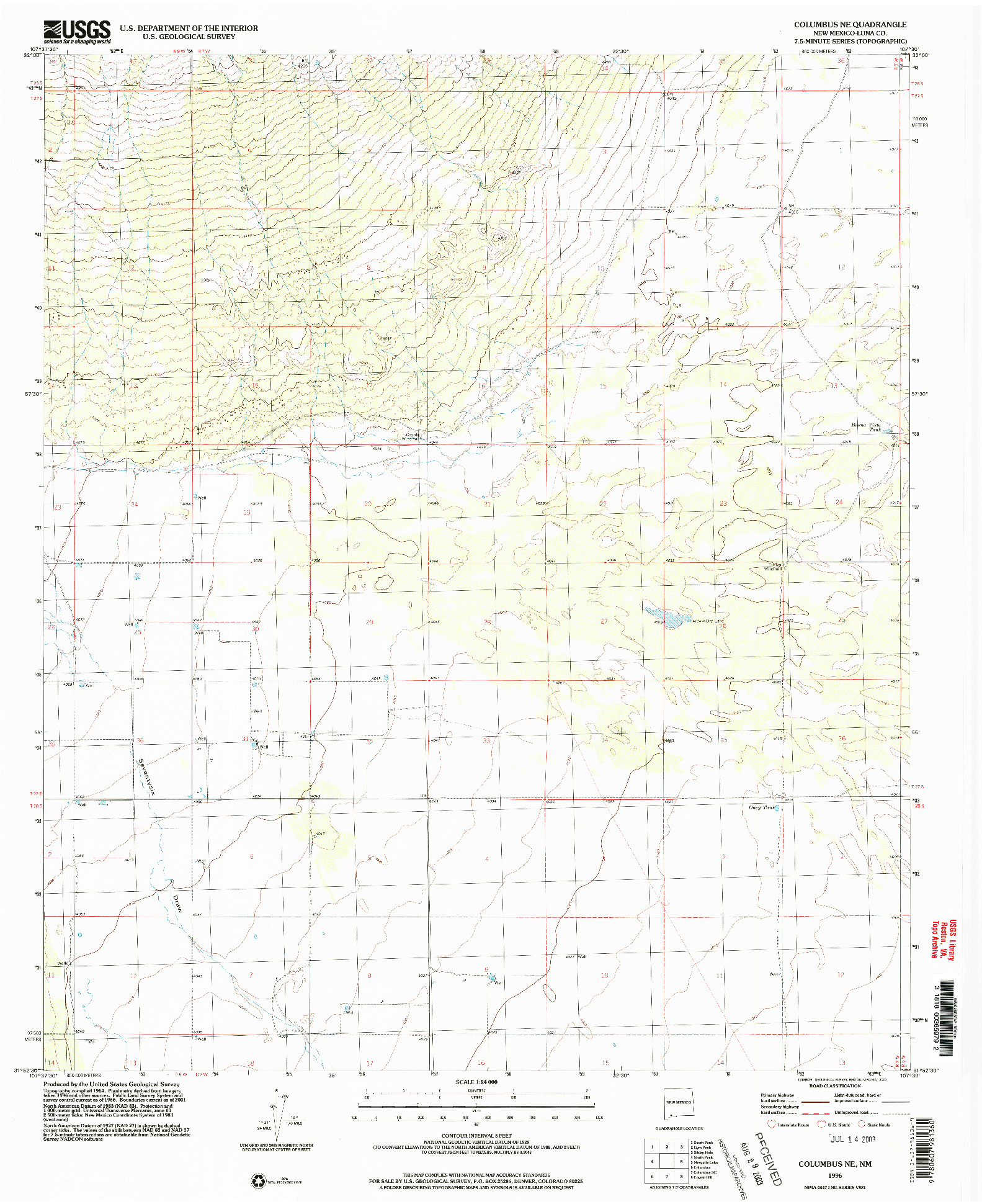USGS 1:24000-SCALE QUADRANGLE FOR COLUMBUS NE, NM 1996