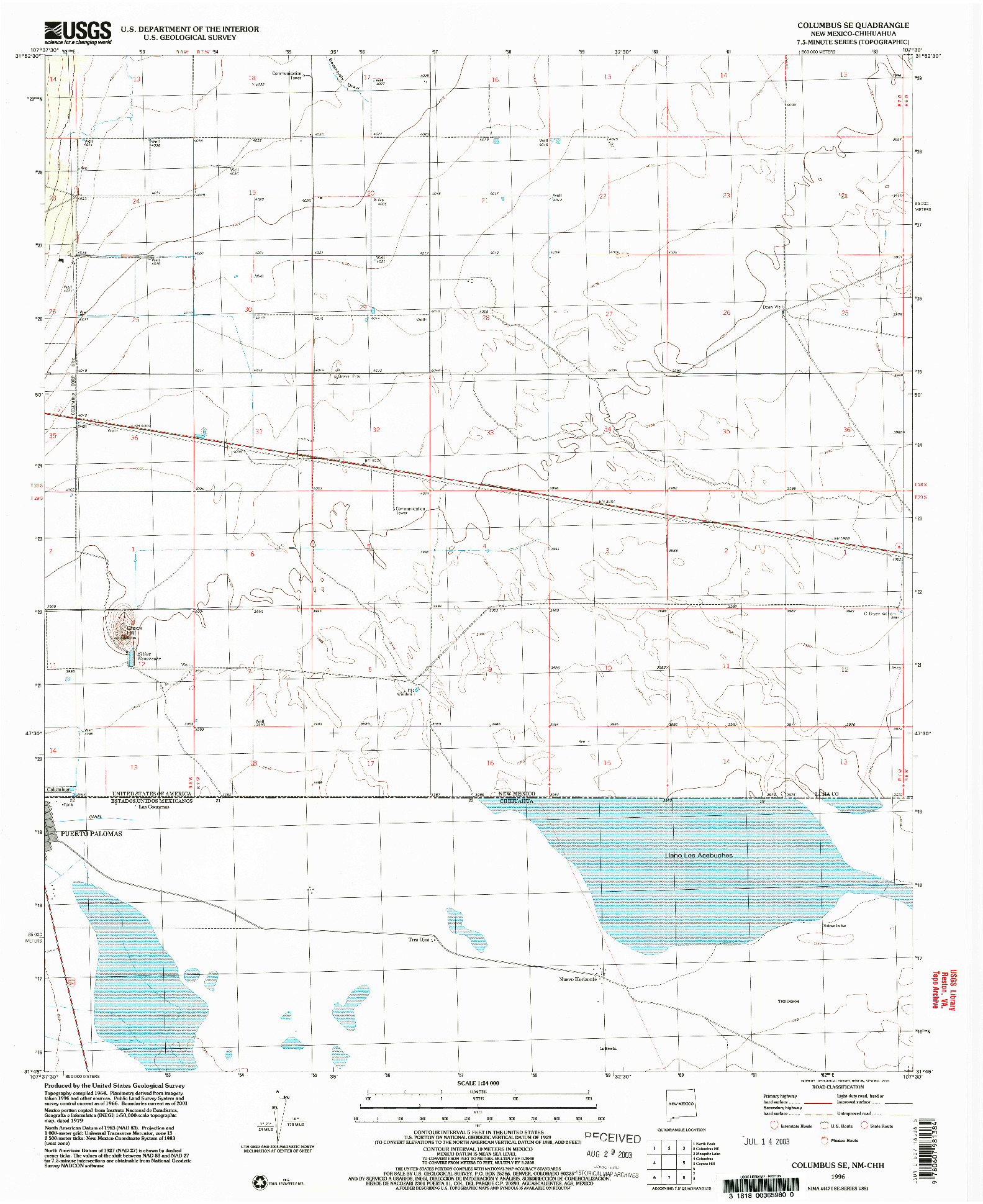 USGS 1:24000-SCALE QUADRANGLE FOR COLUMBUS SE, NM 1996