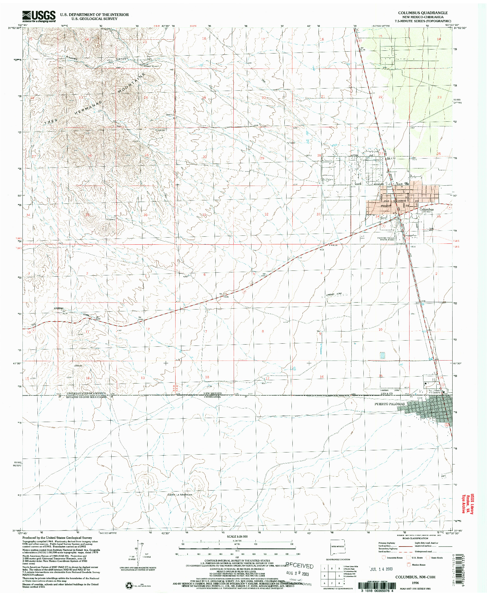 USGS 1:24000-SCALE QUADRANGLE FOR COLUMBUS, NM 1996