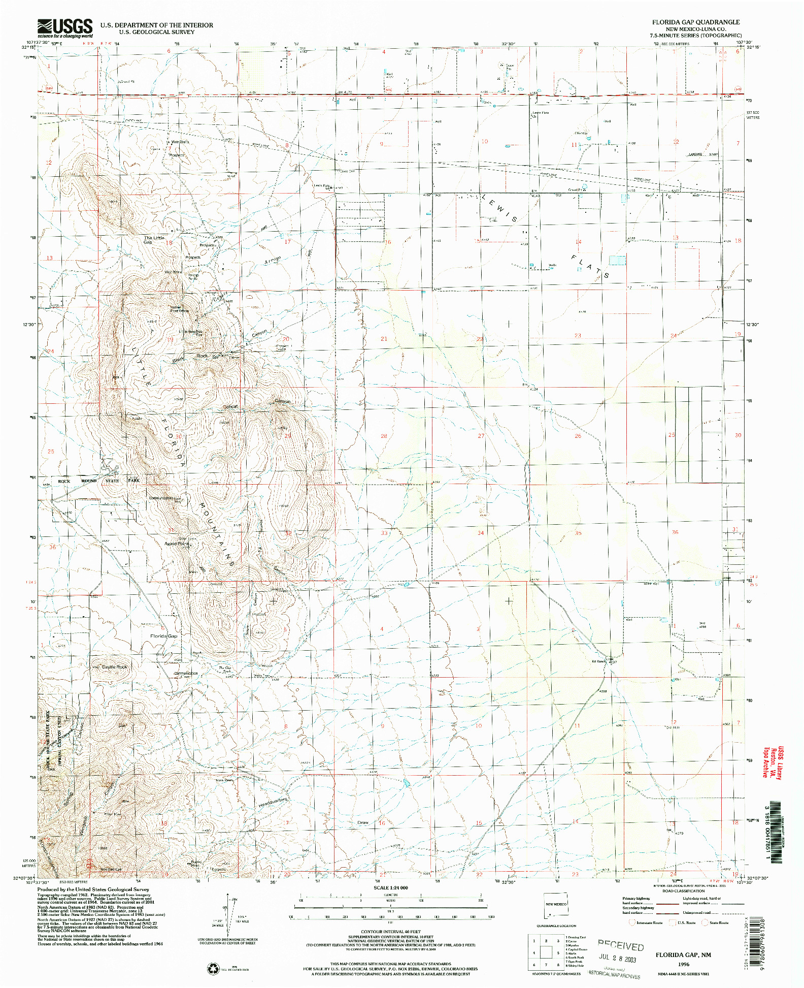 USGS 1:24000-SCALE QUADRANGLE FOR FLORIDA GAP, NM 1996
