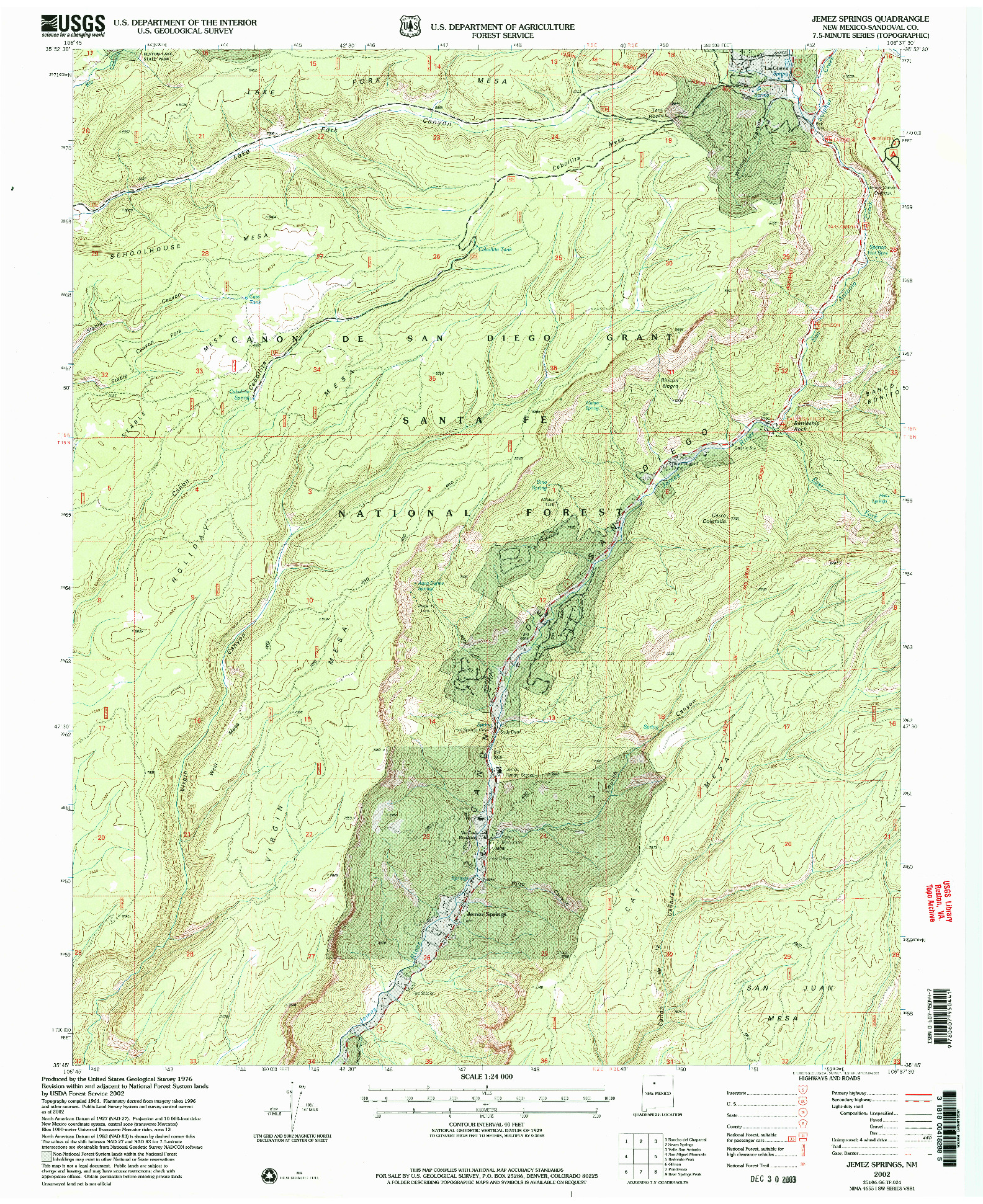 USGS 1:24000-SCALE QUADRANGLE FOR JEMEZ SPRINGS, NM 2002