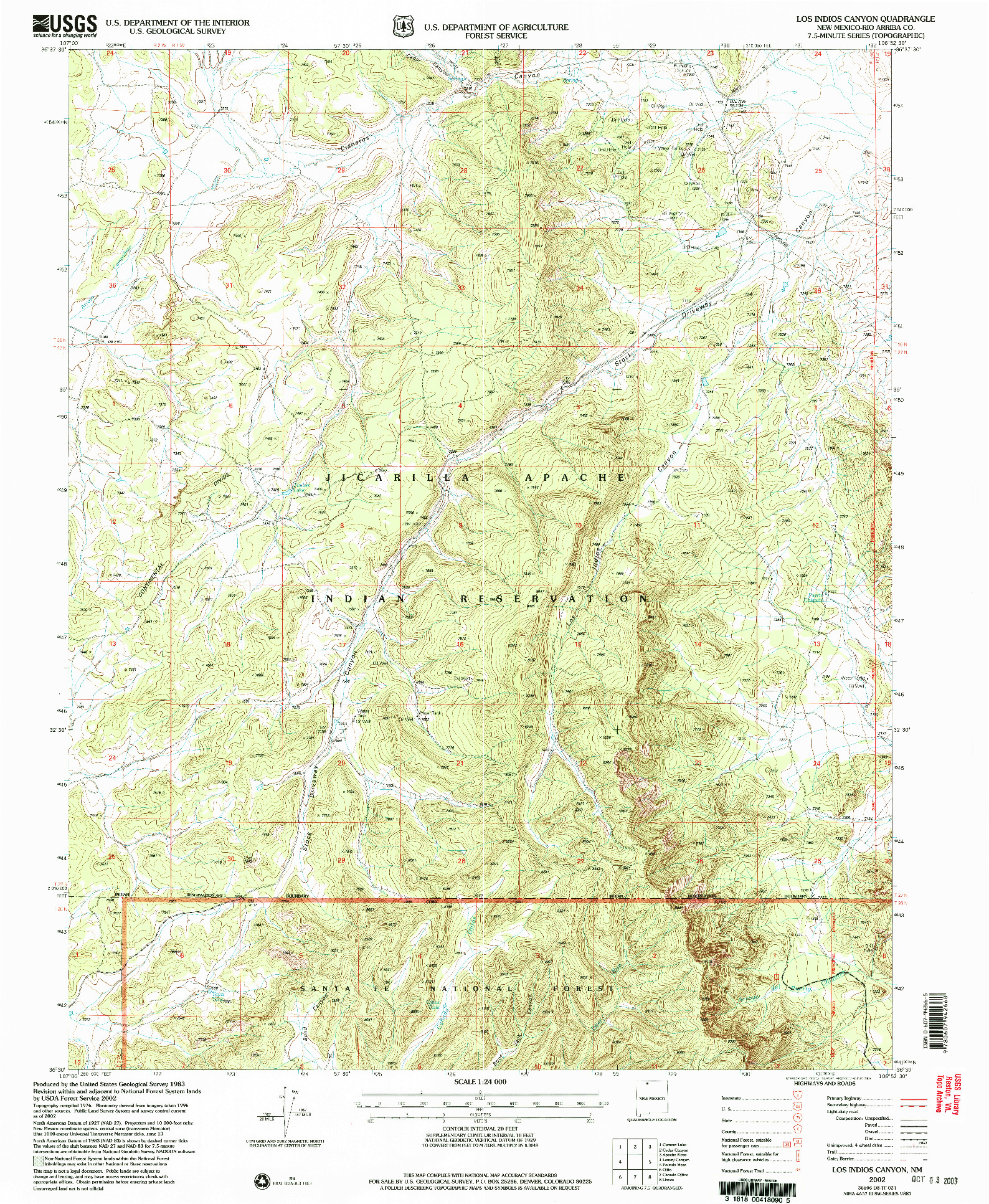 USGS 1:24000-SCALE QUADRANGLE FOR LOS INDIOS CANYON, NM 2002