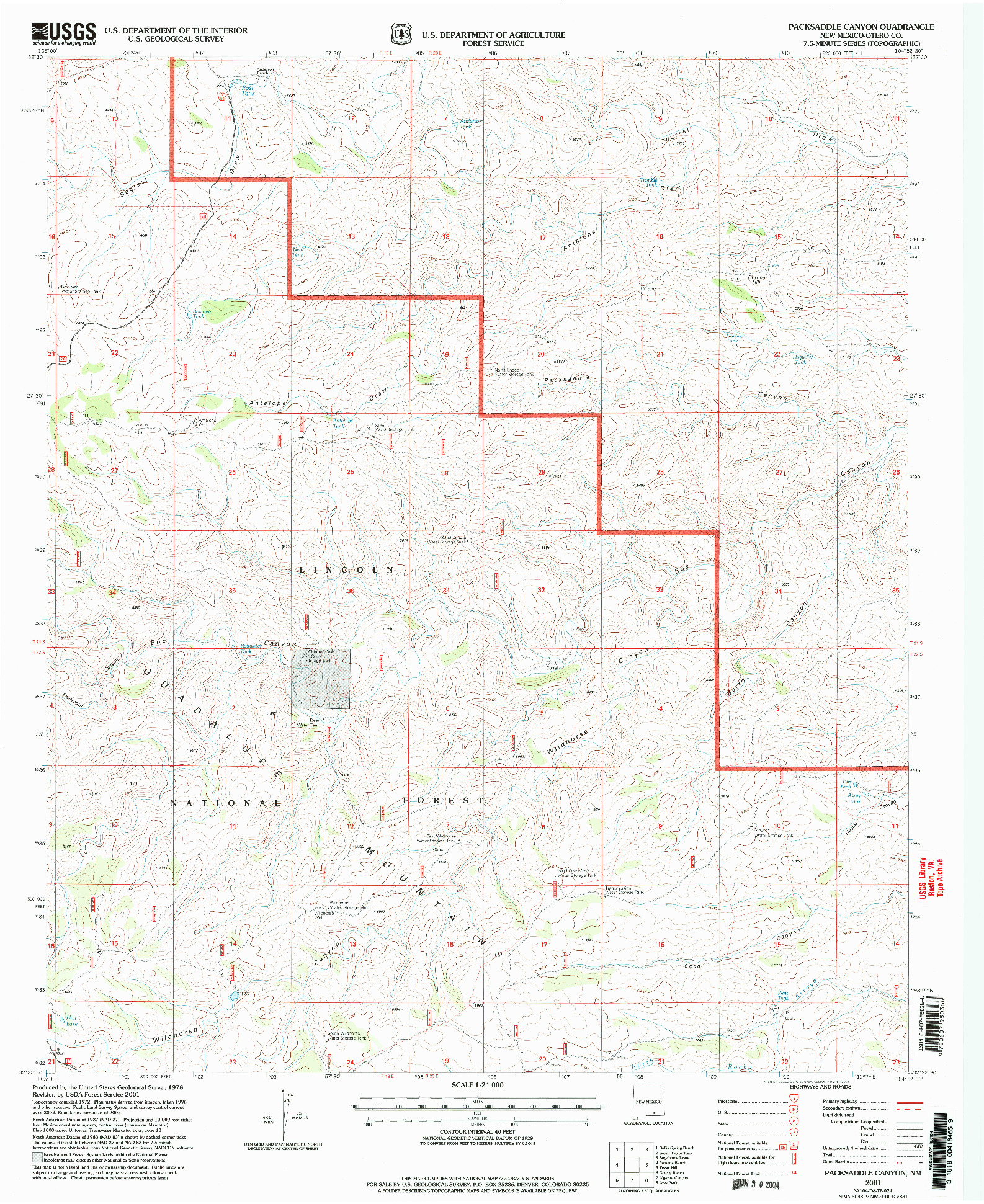 USGS 1:24000-SCALE QUADRANGLE FOR PACKSADDLE CANYON, NM 2001