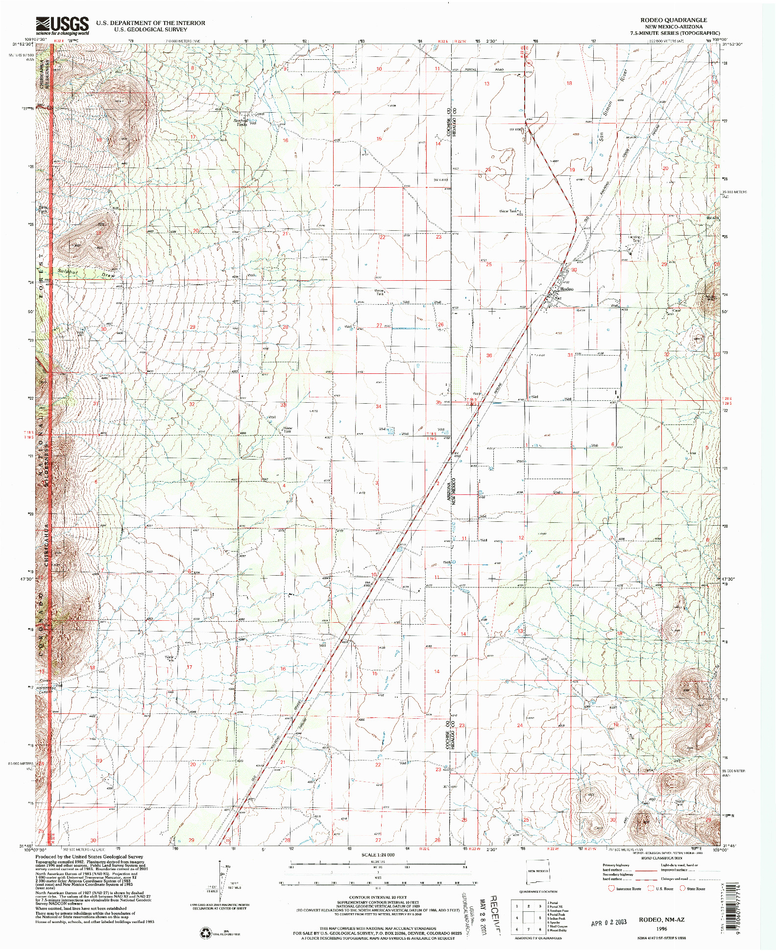 USGS 1:24000-SCALE QUADRANGLE FOR RODEO, NM 1996