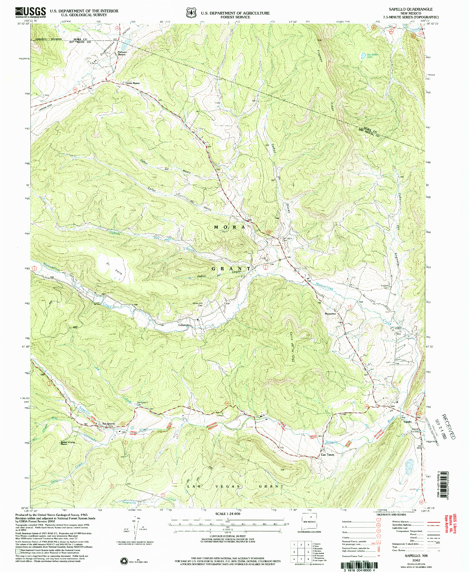 USGS 1:24000-SCALE QUADRANGLE FOR SAPELLO, NM 2002