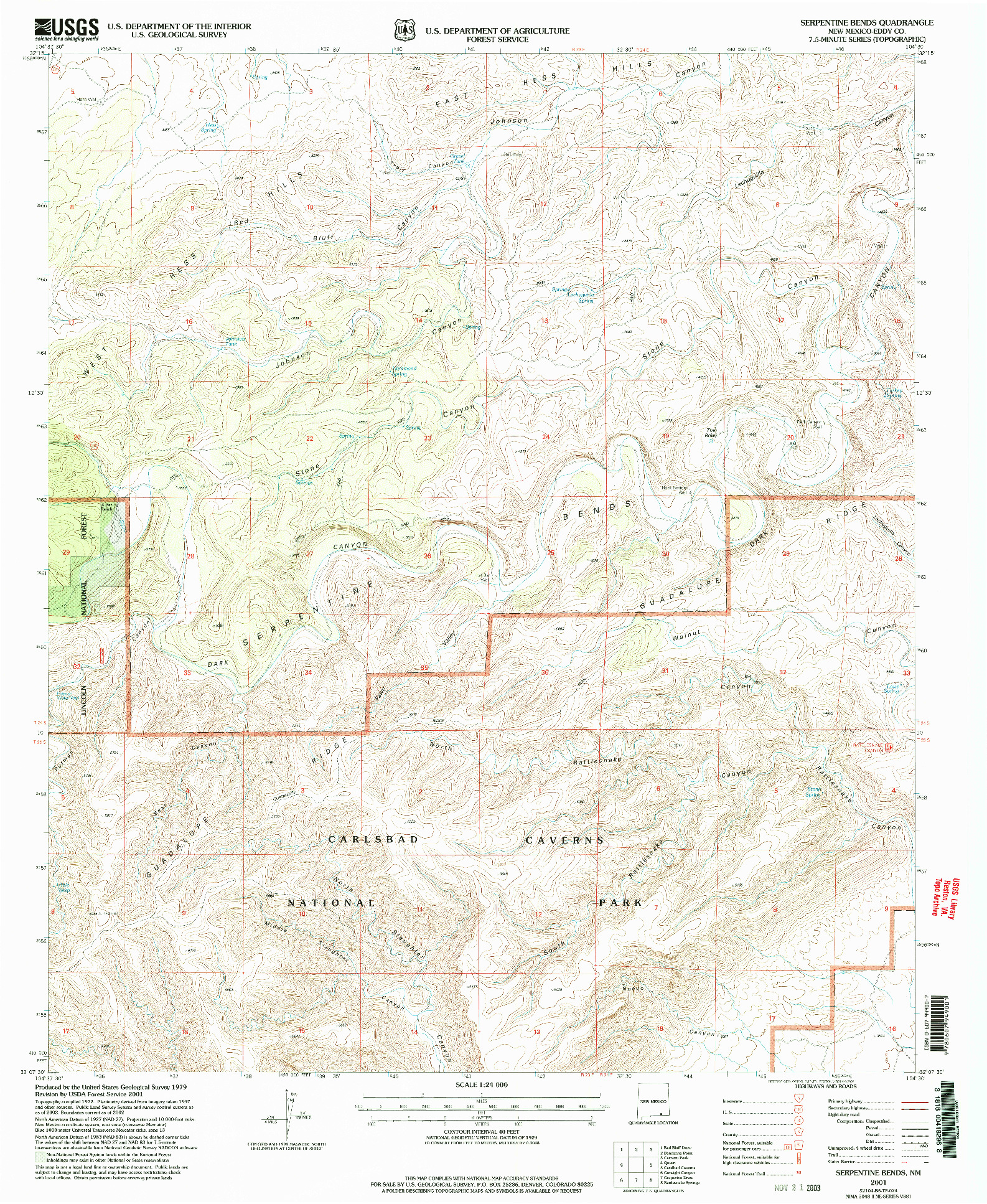 USGS 1:24000-SCALE QUADRANGLE FOR SERPENTINE BENDS, NM 2001
