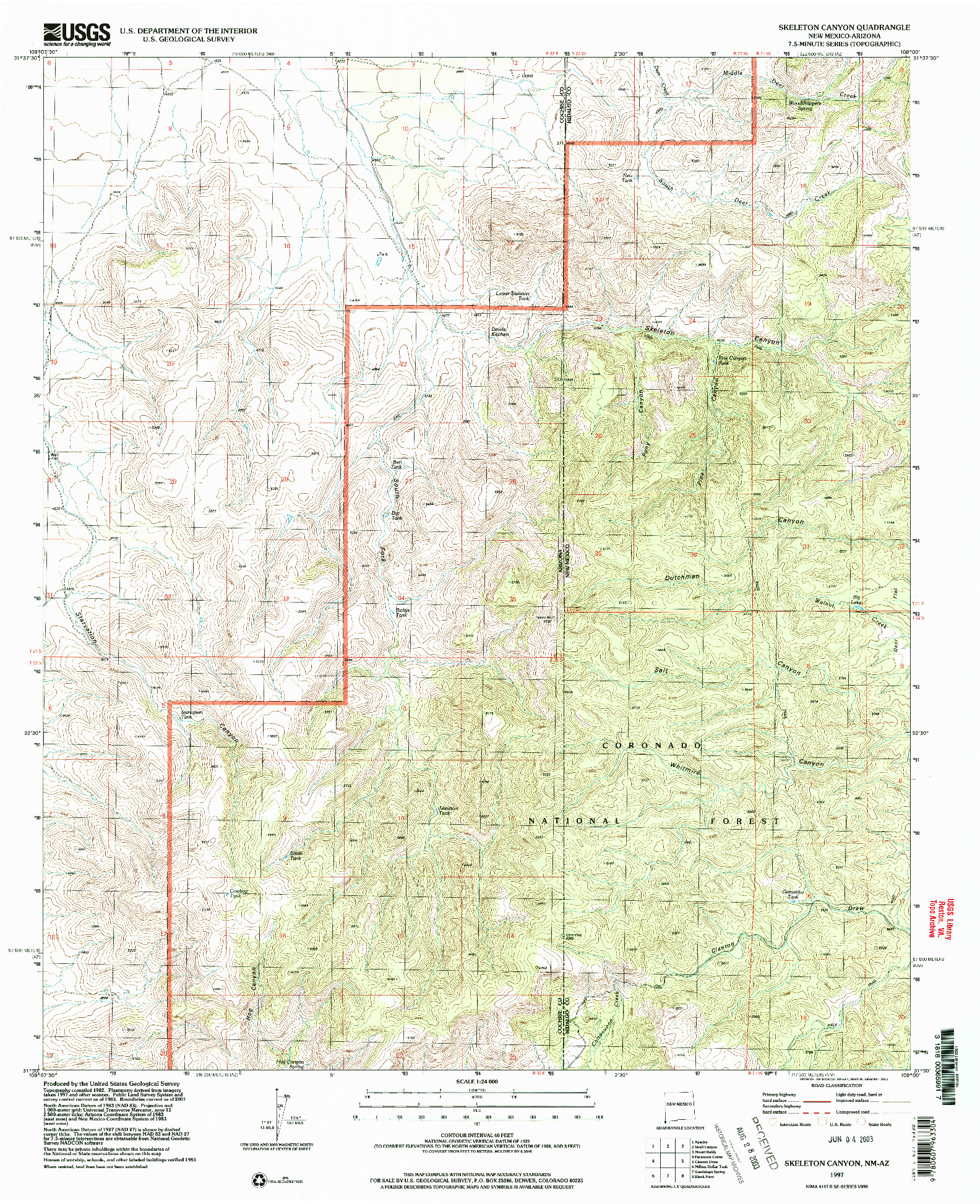 USGS 1:24000-SCALE QUADRANGLE FOR SKELETON CANYON, NM 1997