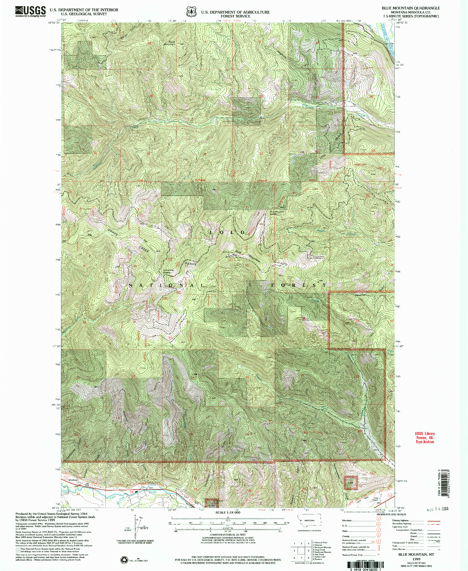 USGS 1:24000-SCALE QUADRANGLE FOR BLUE MOUNTAIN, MT 1999