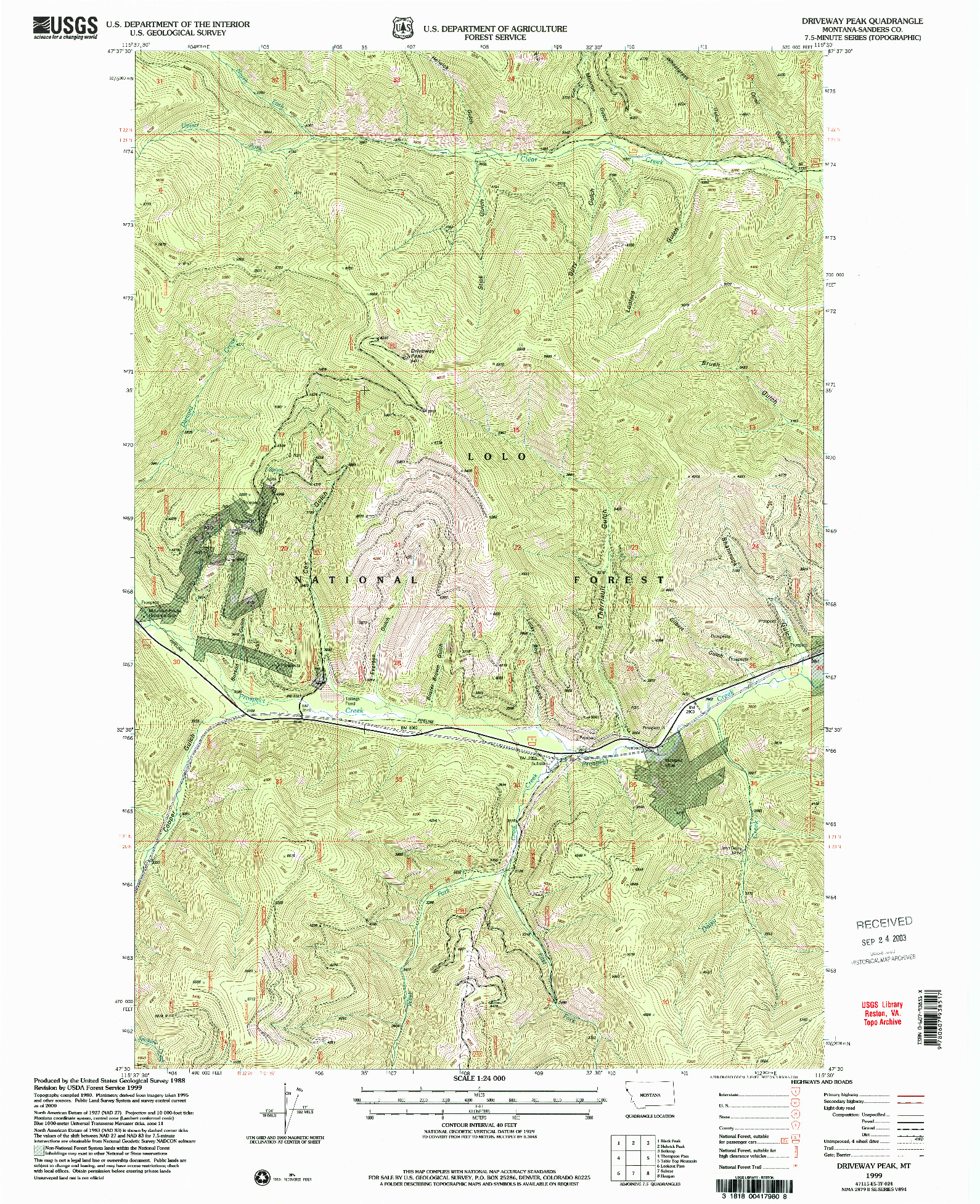 USGS 1:24000-SCALE QUADRANGLE FOR DRIVEWAY PEAK, MT 1999