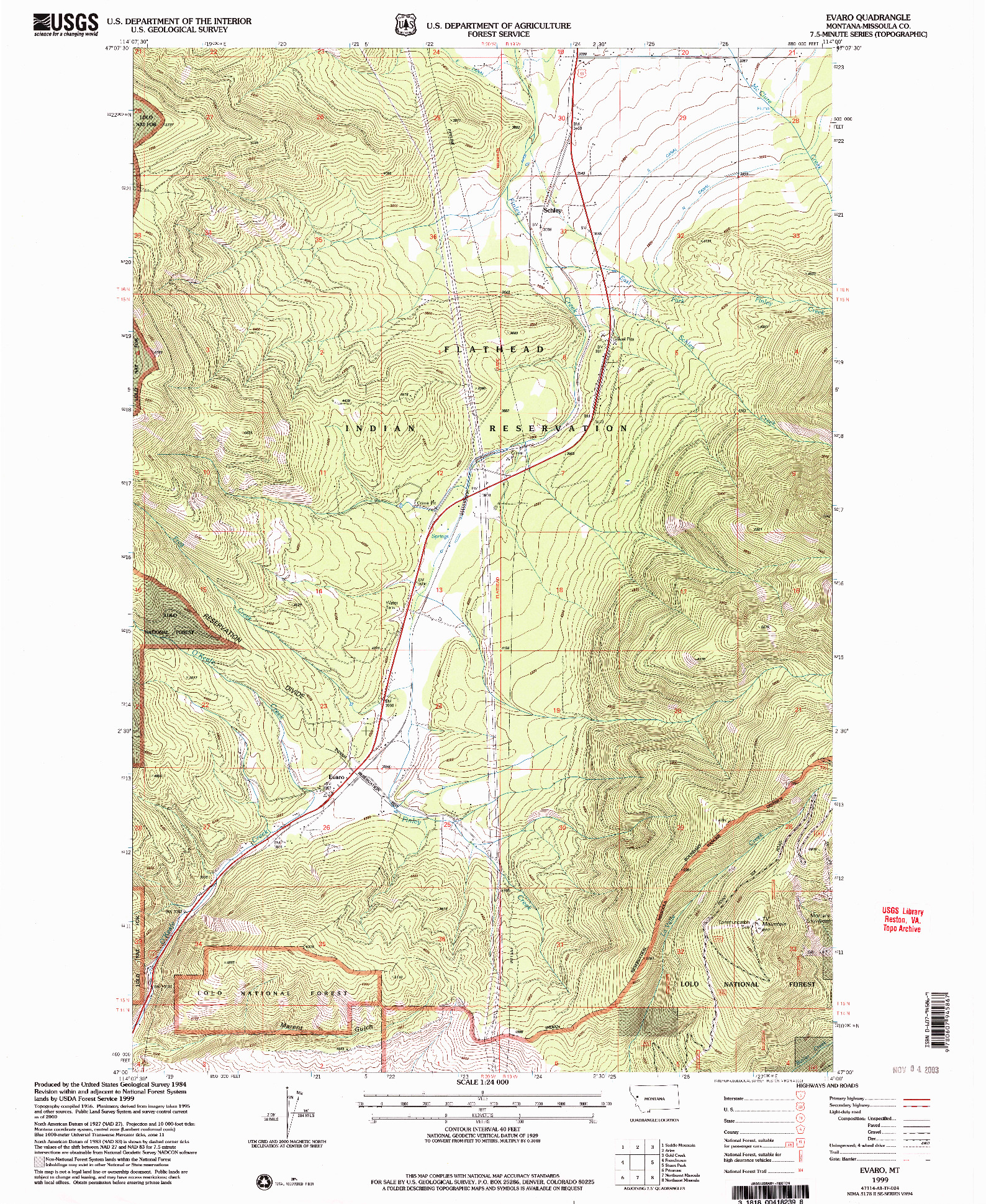 USGS 1:24000-SCALE QUADRANGLE FOR EVARO, MT 1999