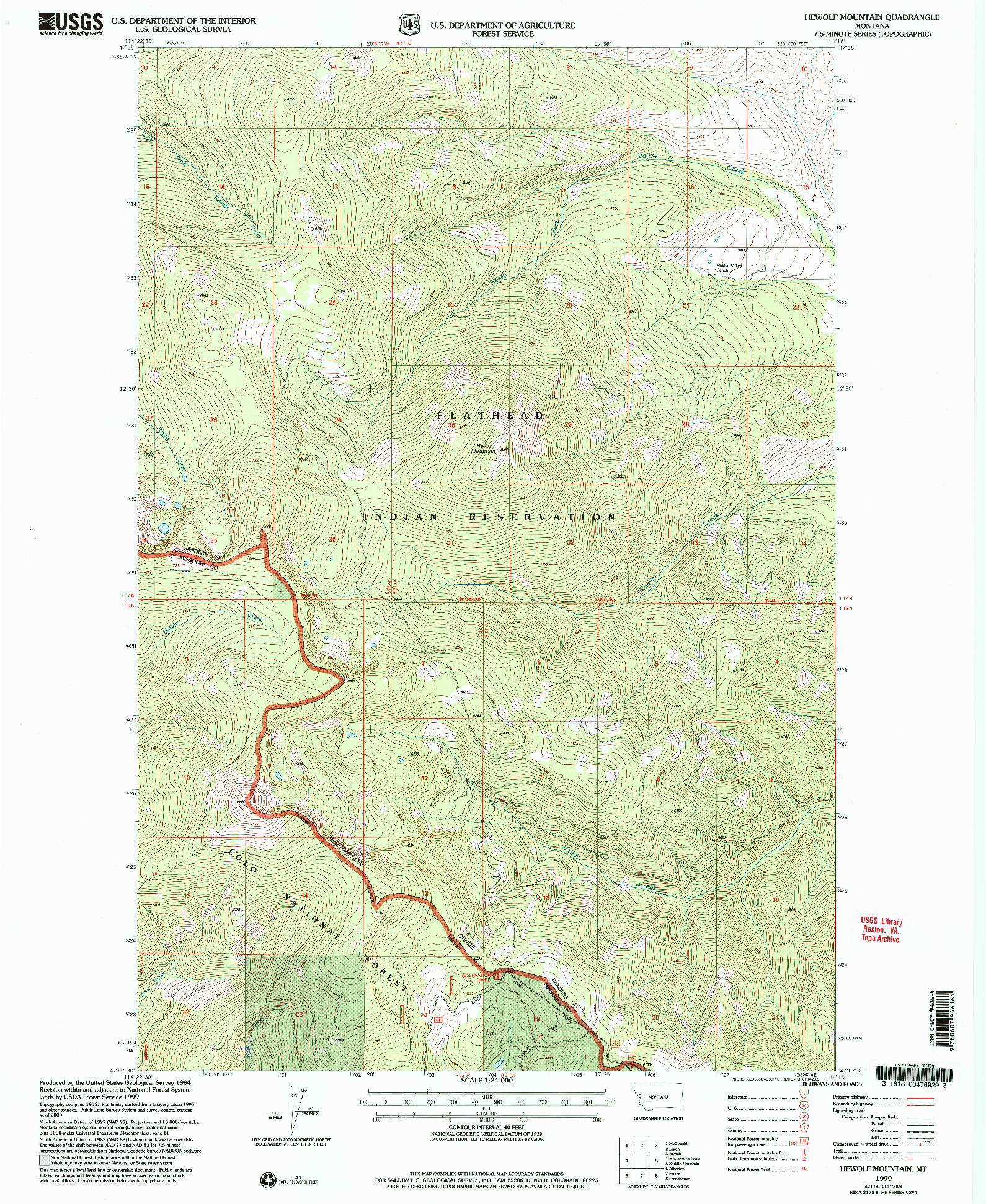 USGS 1:24000-SCALE QUADRANGLE FOR HEWOLF MOUNTAIN, MT 1999