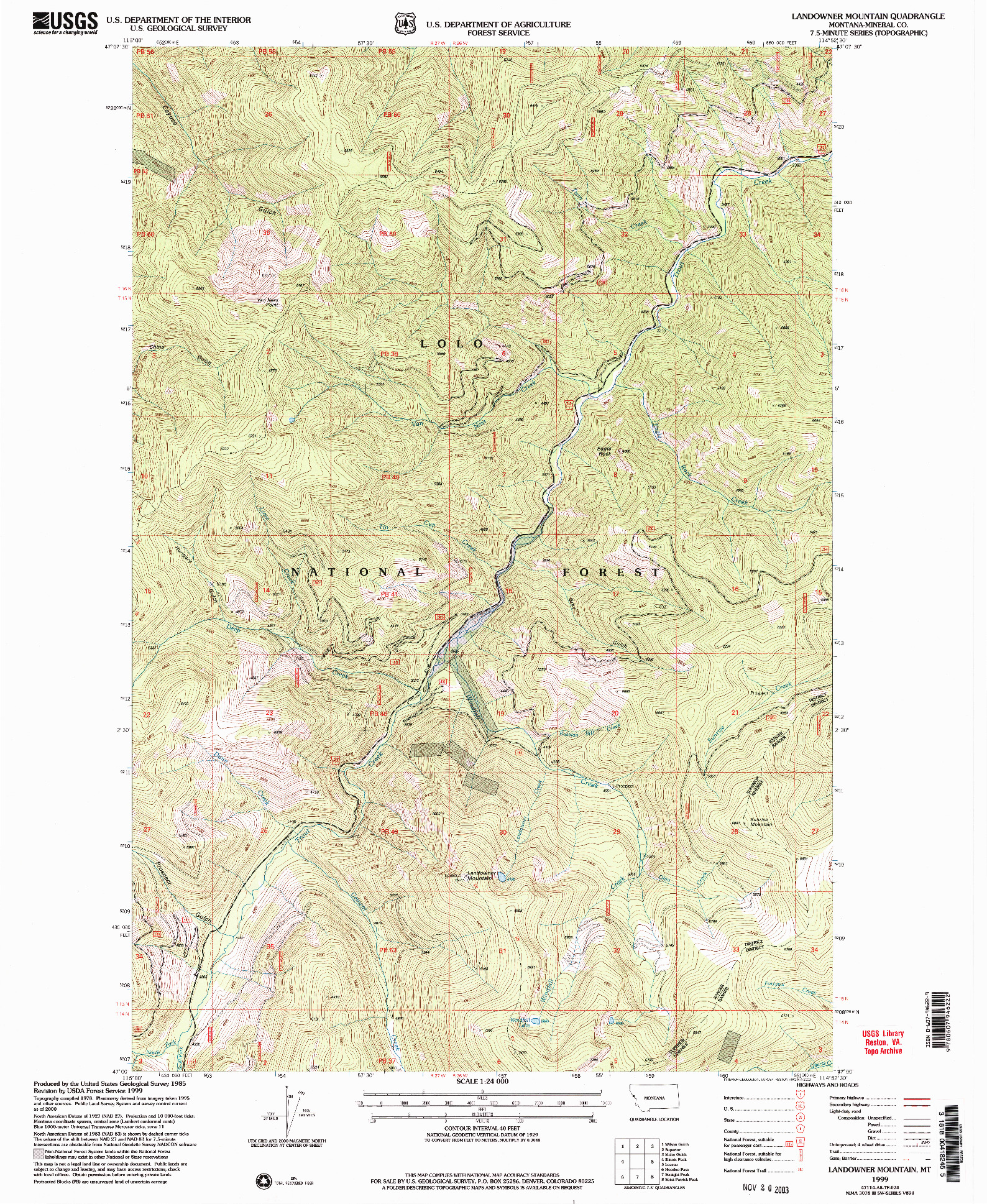 USGS 1:24000-SCALE QUADRANGLE FOR LANDOWNER MOUNTAIN, MT 1999