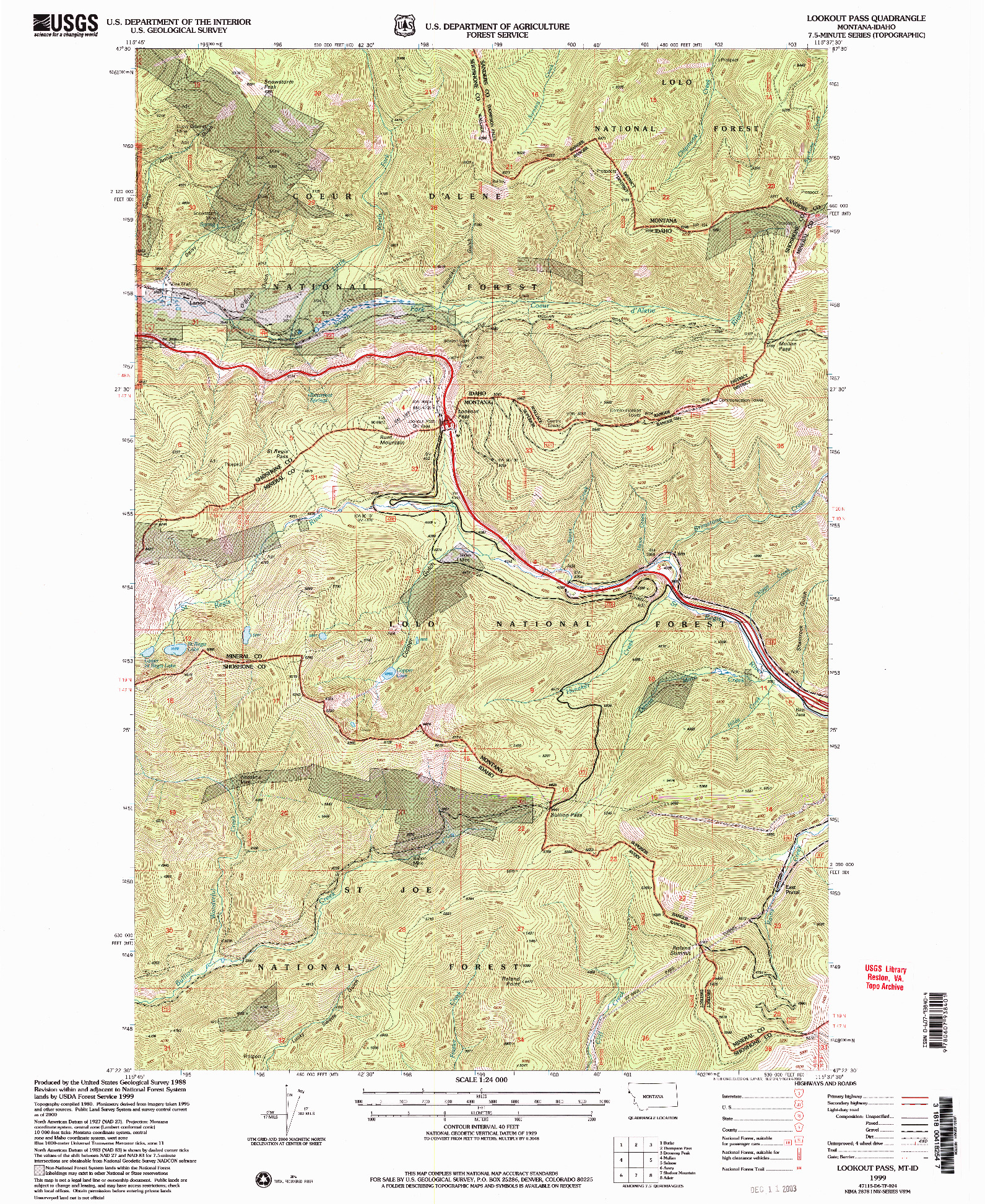 USGS 1:24000-SCALE QUADRANGLE FOR LOOKOUT PASS, MT 1999