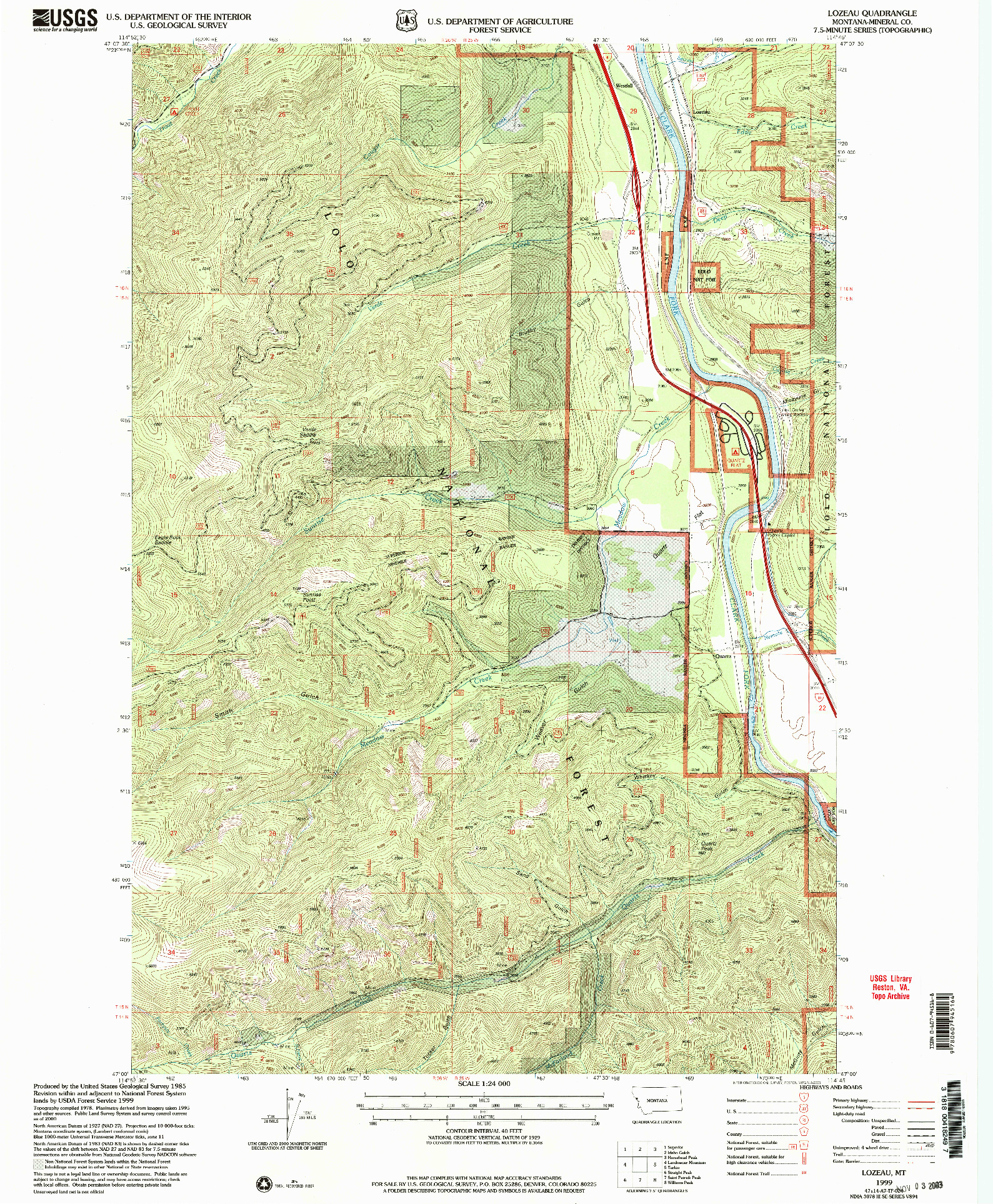 USGS 1:24000-SCALE QUADRANGLE FOR LOZEAU, MT 1999