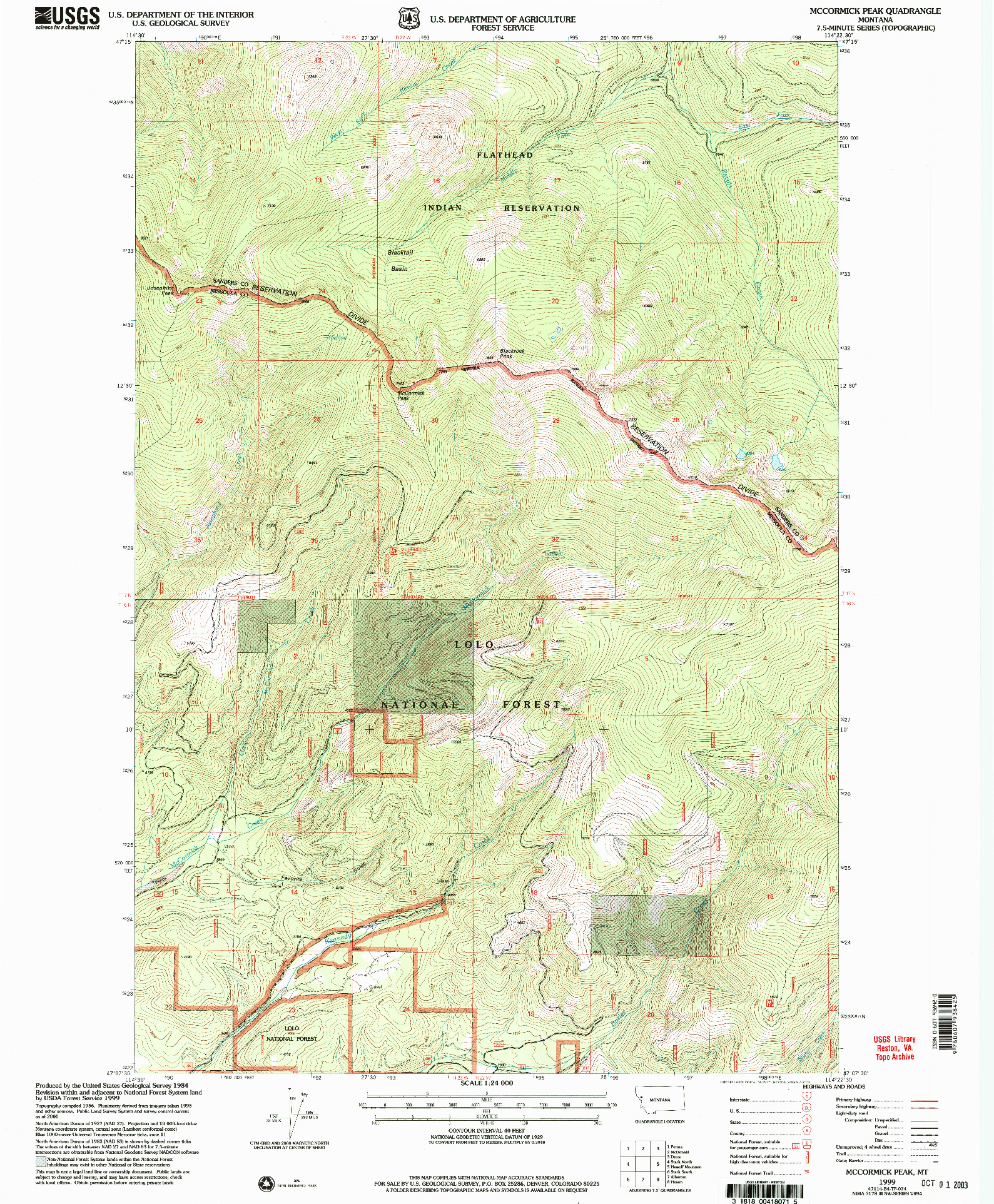 USGS 1:24000-SCALE QUADRANGLE FOR MCCORMICK PEAK, MT 1999