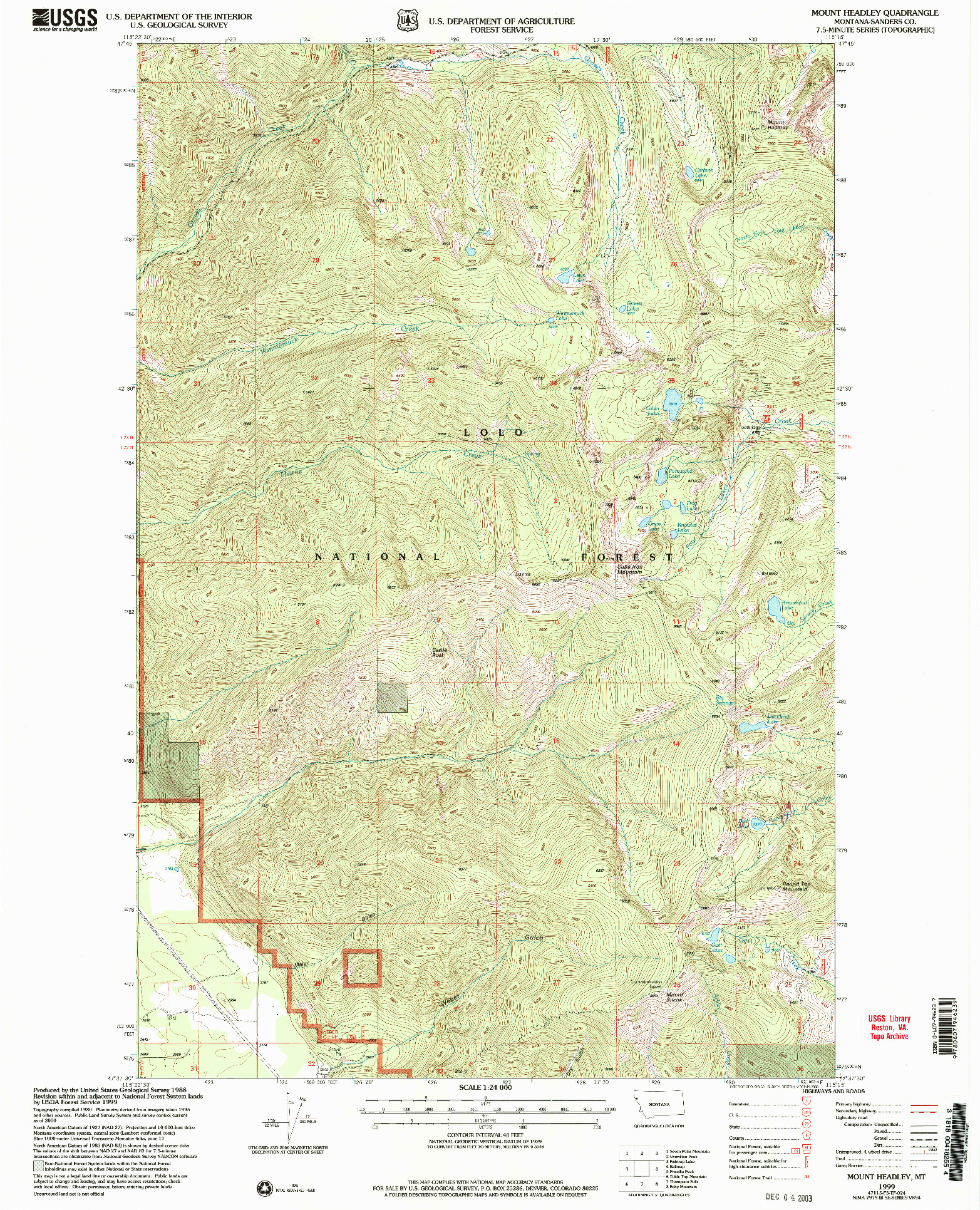 USGS 1:24000-SCALE QUADRANGLE FOR MOUNT HEADLEY, MT 1999