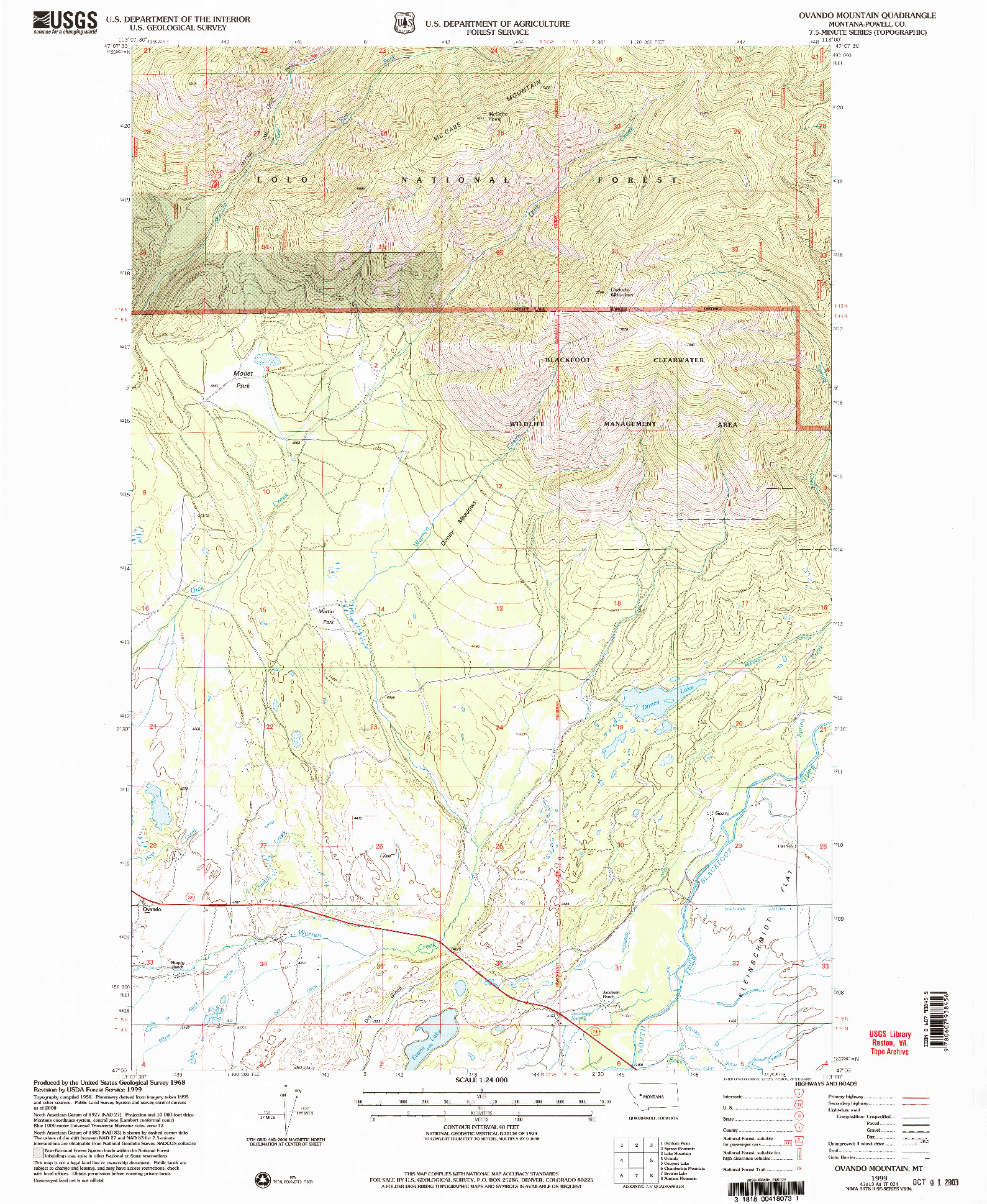 USGS 1:24000-SCALE QUADRANGLE FOR OVANDO MOUNTAIN, MT 1999