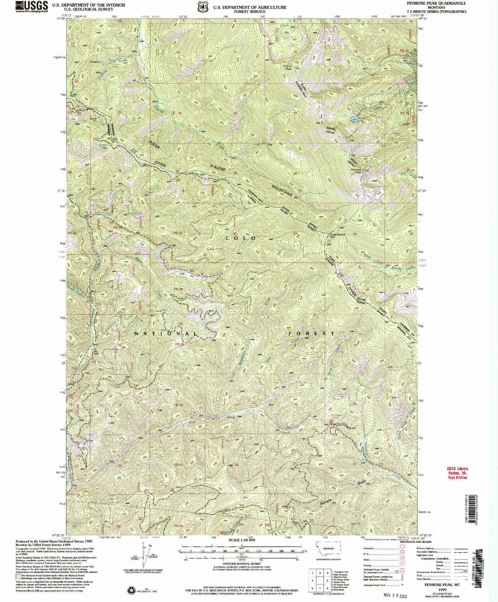 USGS 1:24000-SCALE QUADRANGLE FOR PENROSE PEAK, MT 1999