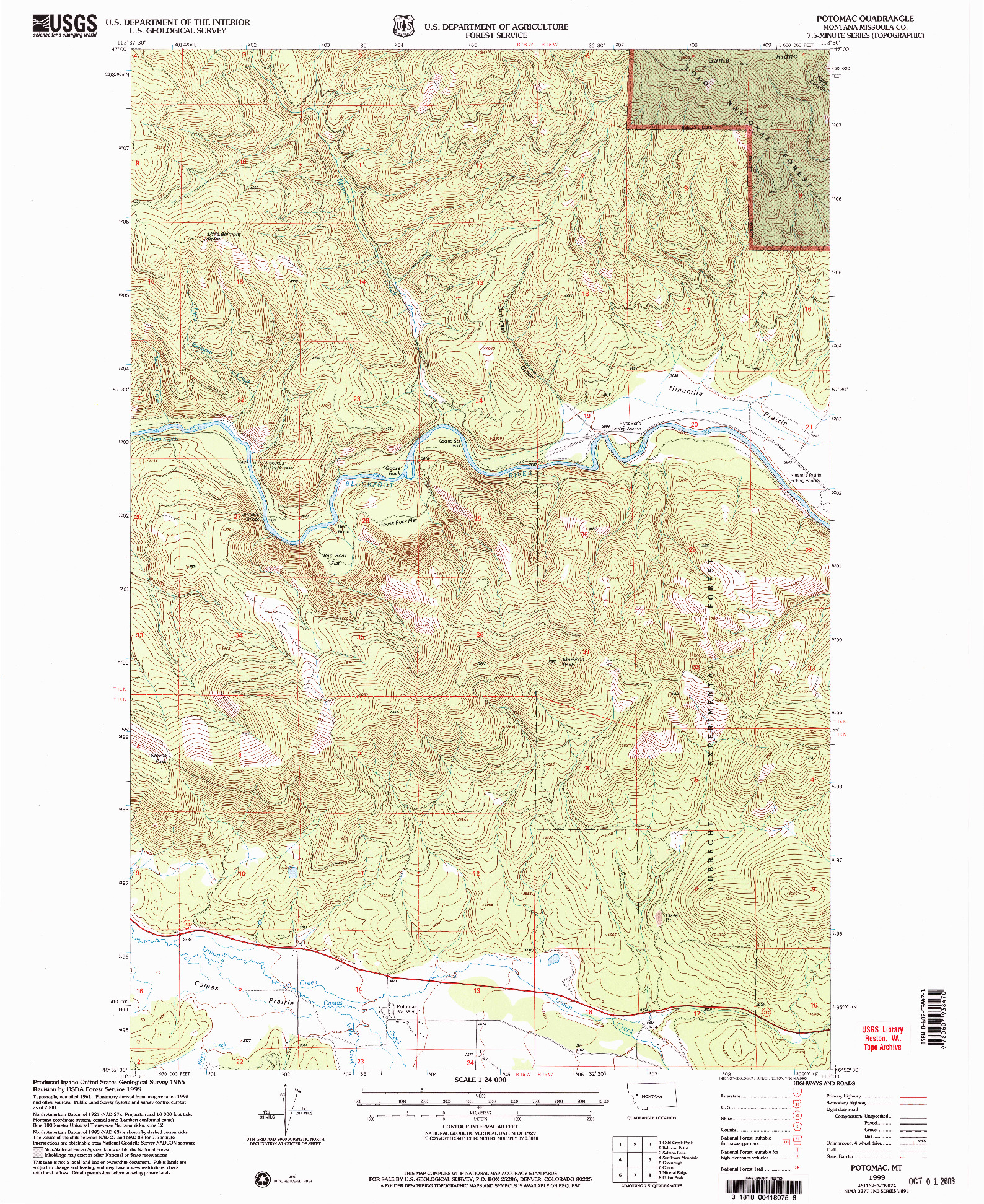 USGS 1:24000-SCALE QUADRANGLE FOR POTOMAC, MT 1999