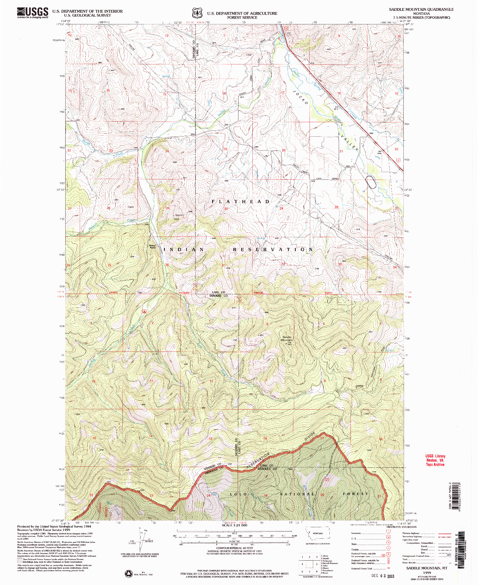 USGS 1:24000-SCALE QUADRANGLE FOR SADDLE MOUNTAIN, MT 1999