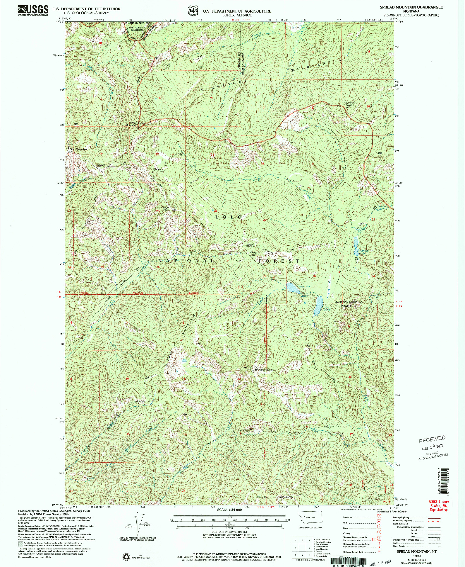 USGS 1:24000-SCALE QUADRANGLE FOR SPREAD MOUNTAIN, MT 1999