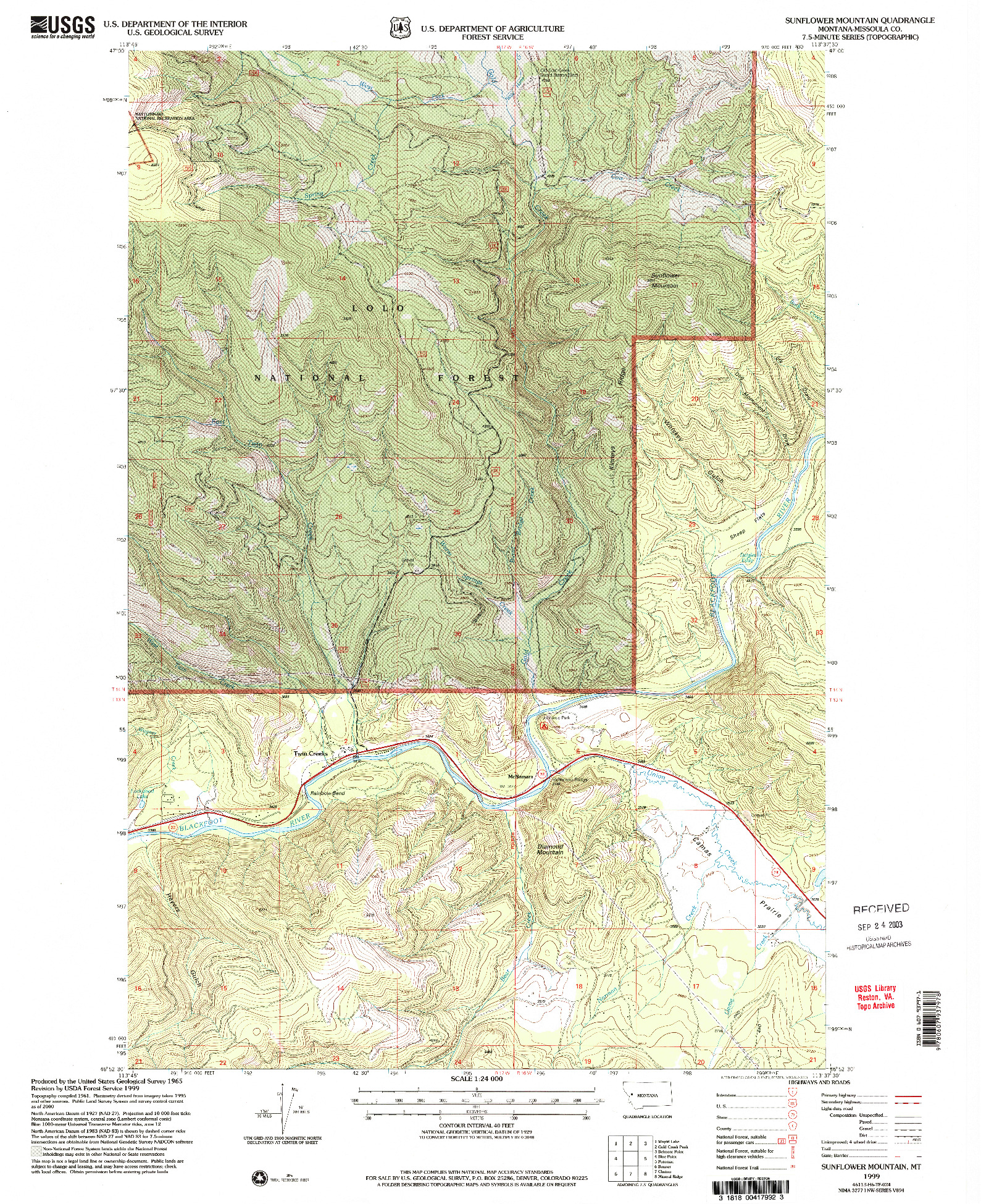 USGS 1:24000-SCALE QUADRANGLE FOR SUNFLOWER MOUNTAIN, MT 1999