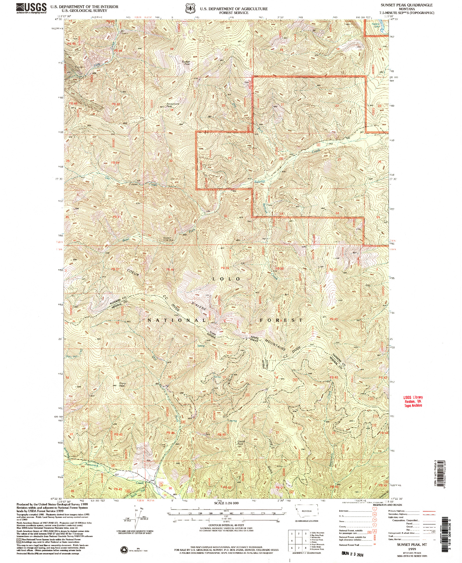 USGS 1:24000-SCALE QUADRANGLE FOR SUNSET PEAK, MT 1999