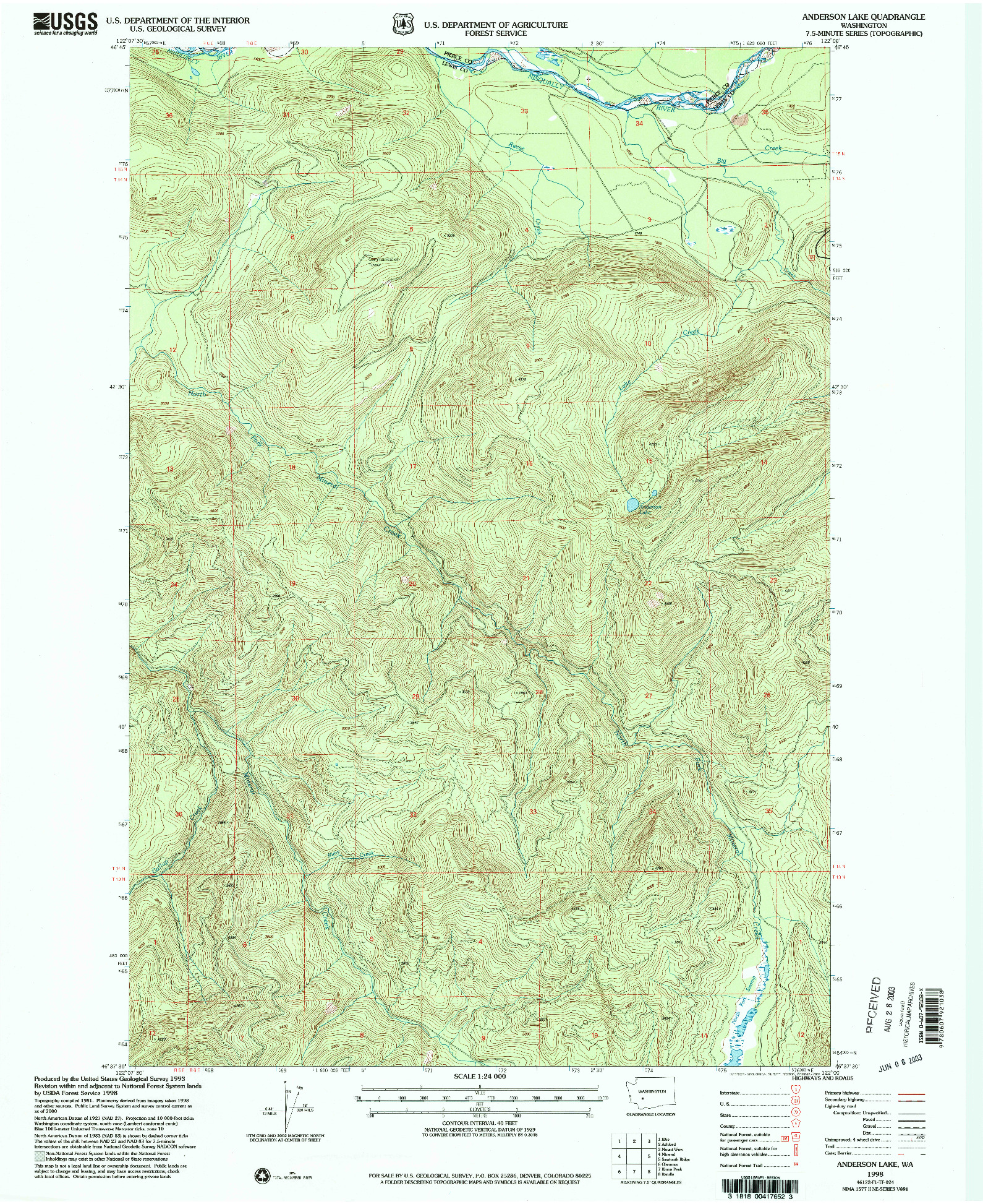 USGS 1:24000-SCALE QUADRANGLE FOR ANDERSON LAKE, WA 1998
