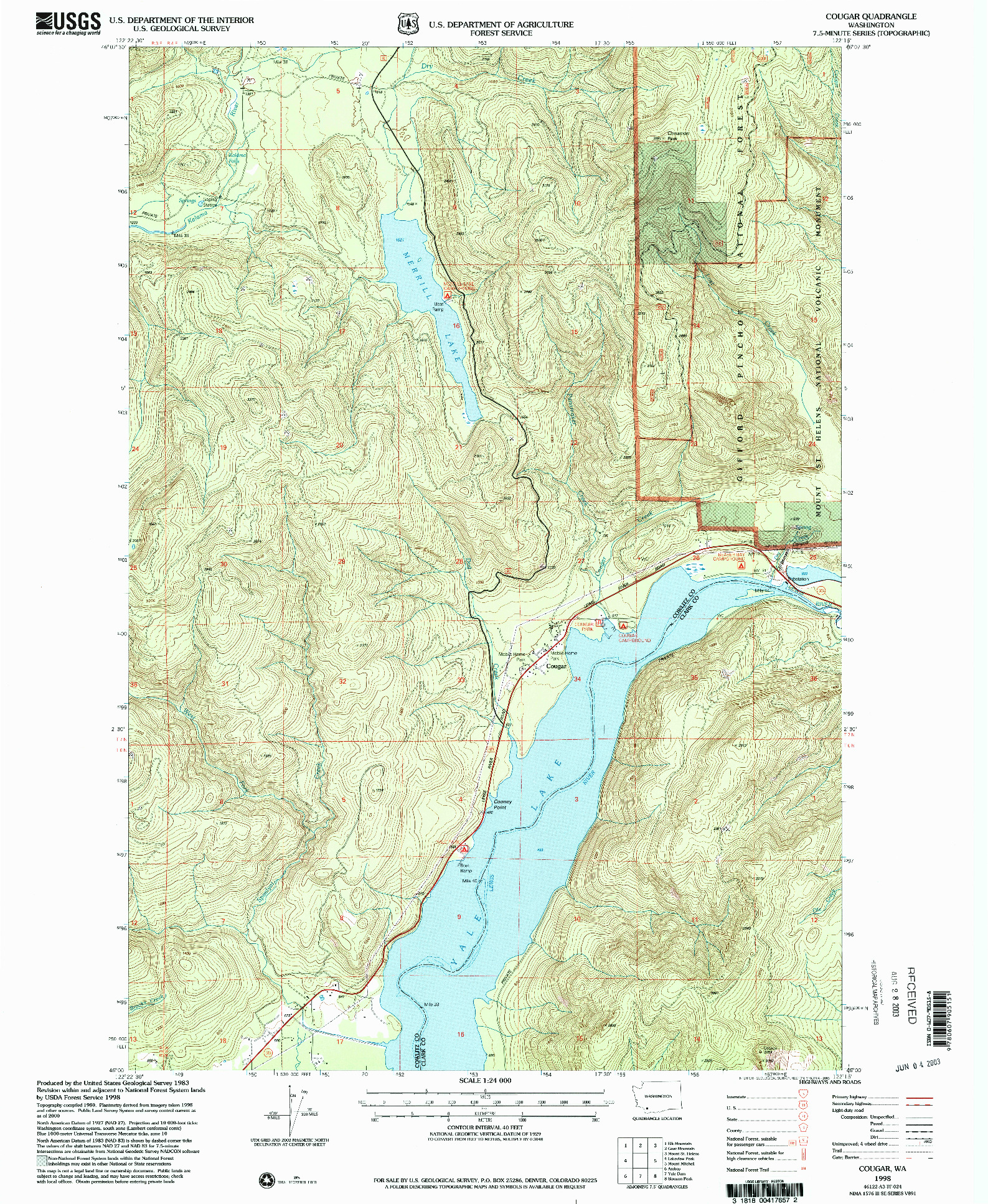 USGS 1:24000-SCALE QUADRANGLE FOR COUGAR, WA 1998