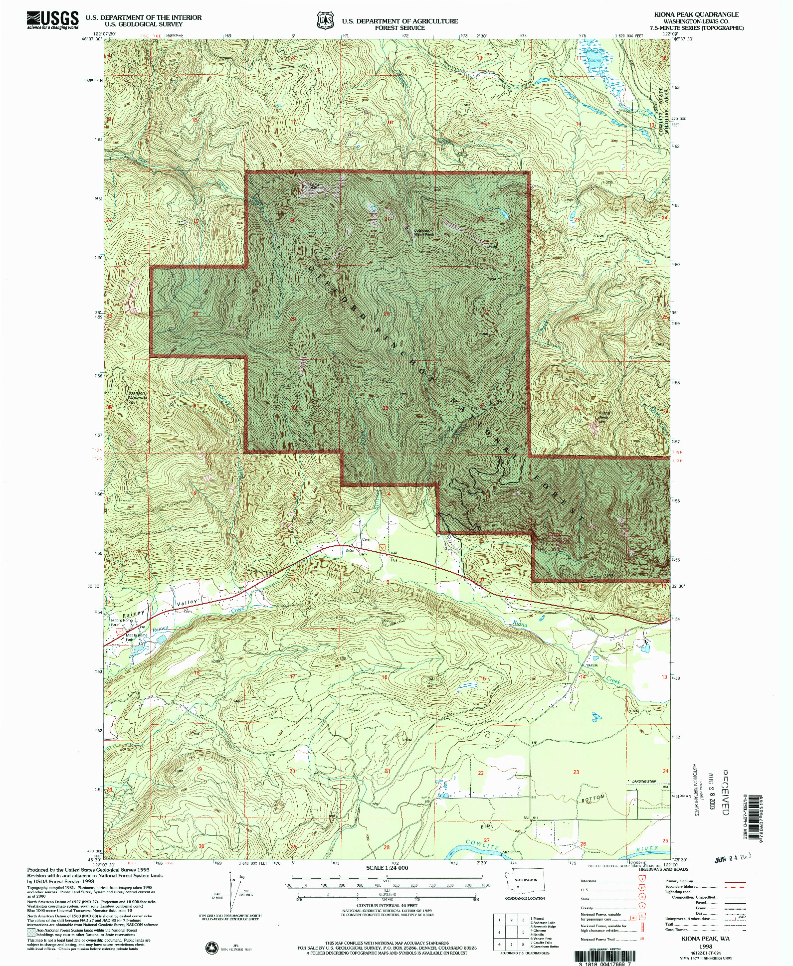 USGS 1:24000-SCALE QUADRANGLE FOR KIONA PEAK, WA 1998