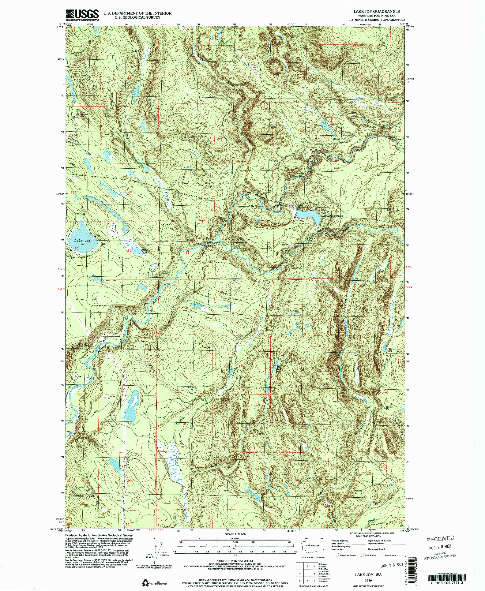 USGS 1:24000-SCALE QUADRANGLE FOR LAKE JOY, WA 1986