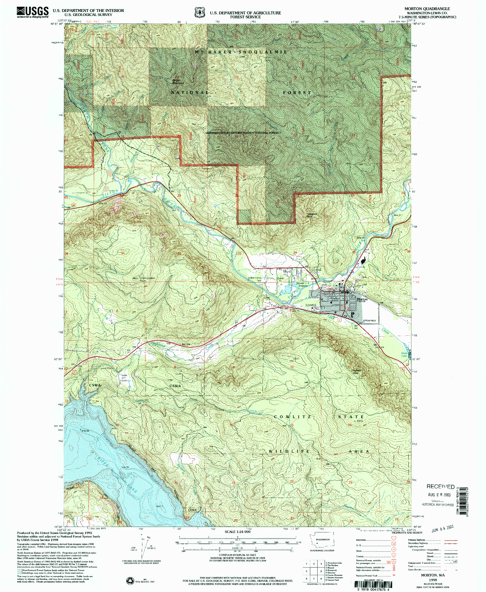 USGS 1:24000-SCALE QUADRANGLE FOR MORTON, WA 1998