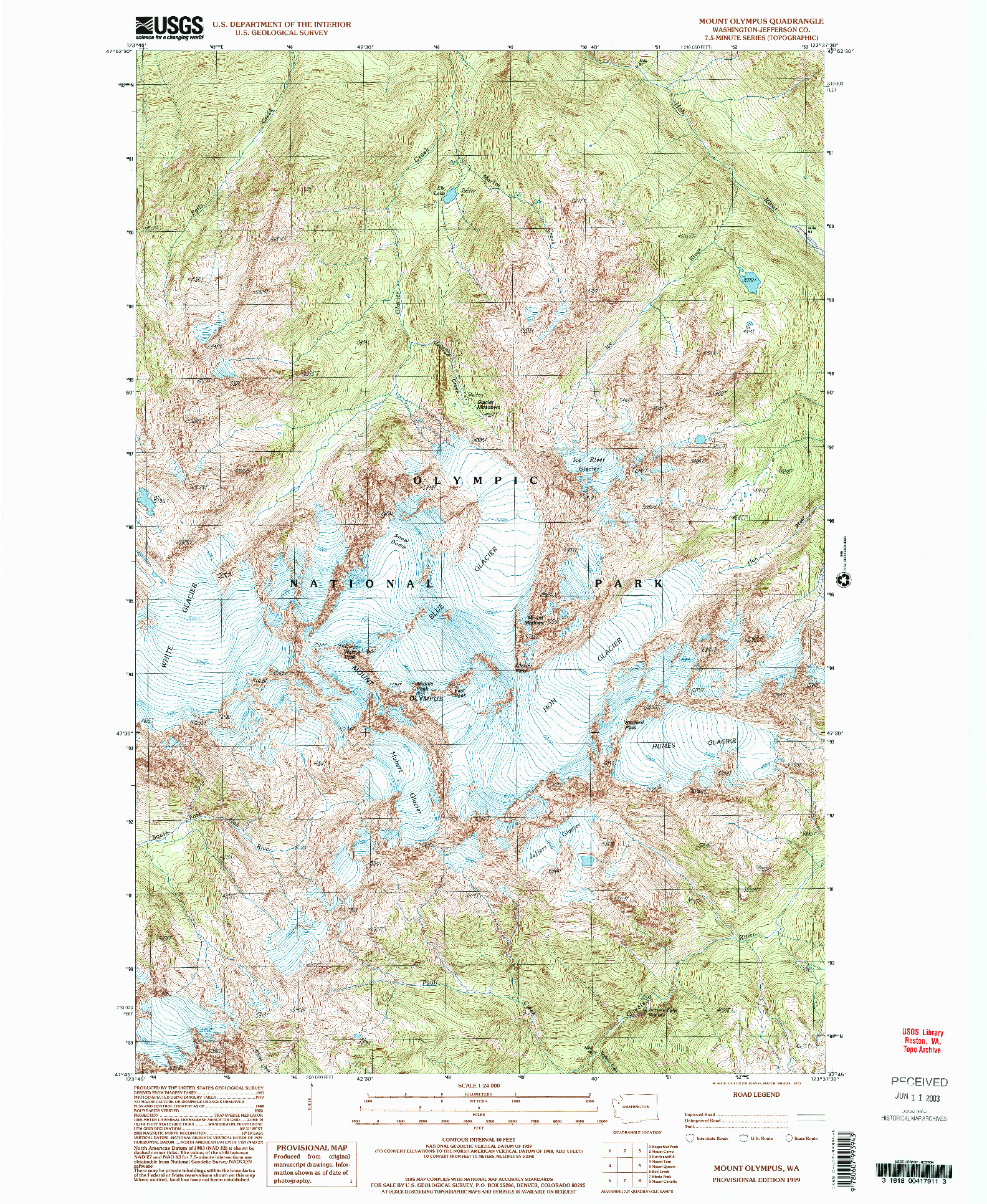 USGS 1:24000-SCALE QUADRANGLE FOR MOUNT OLYMPUS, WA 1999
