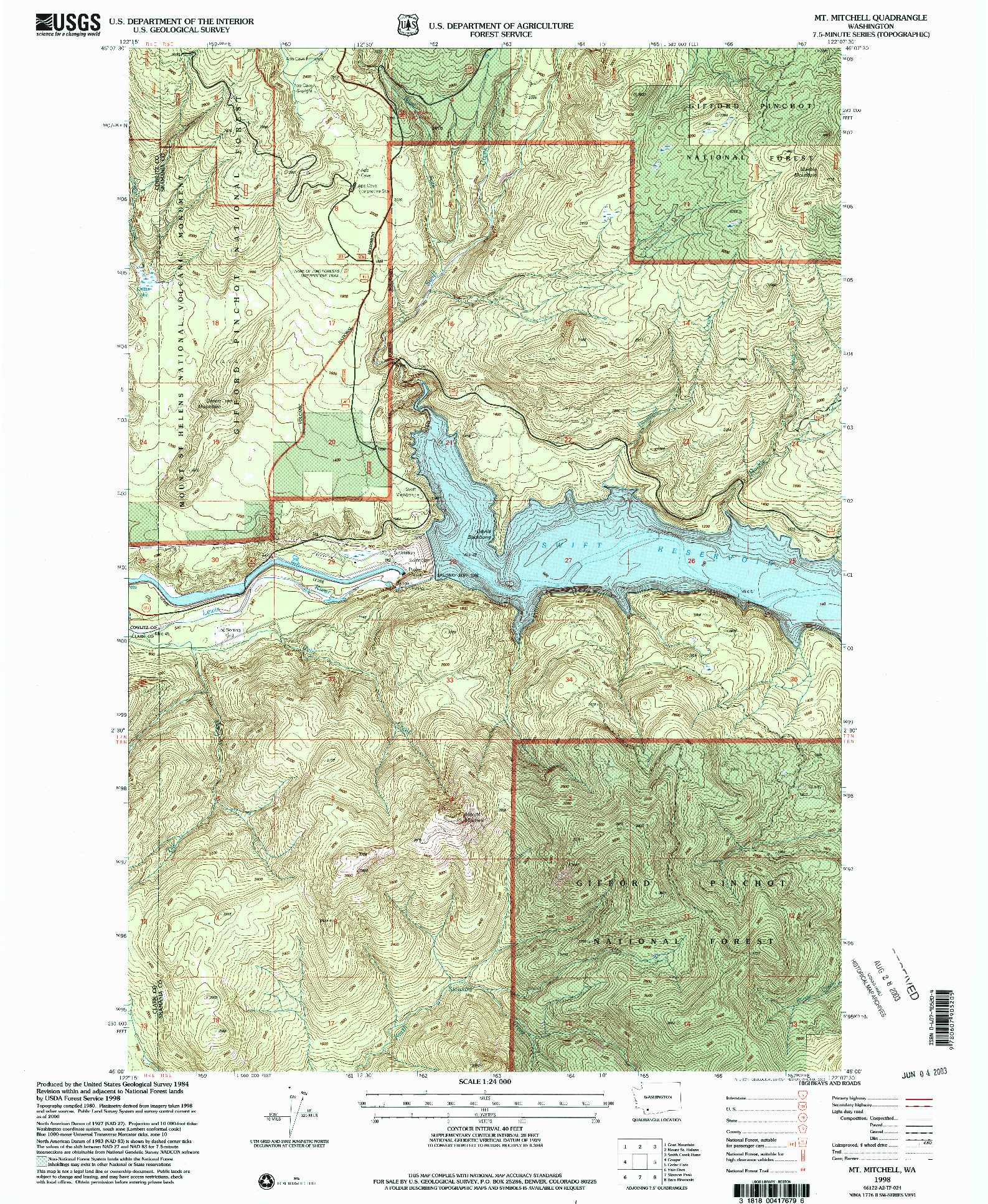 USGS 1:24000-SCALE QUADRANGLE FOR MT MITCHELL, WA 1998