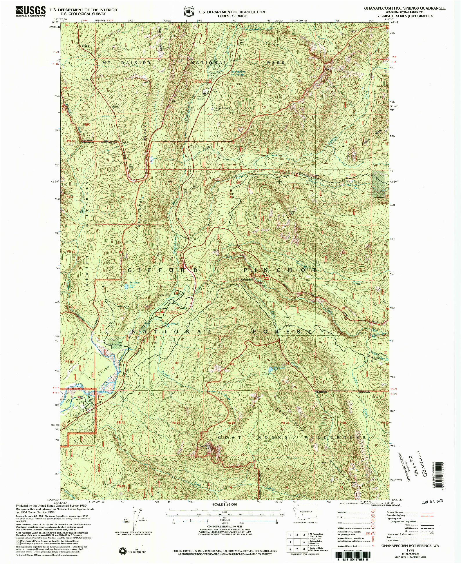 USGS 1:24000-SCALE QUADRANGLE FOR OHANAPECOSH HOT SPRINGS, WA 1998