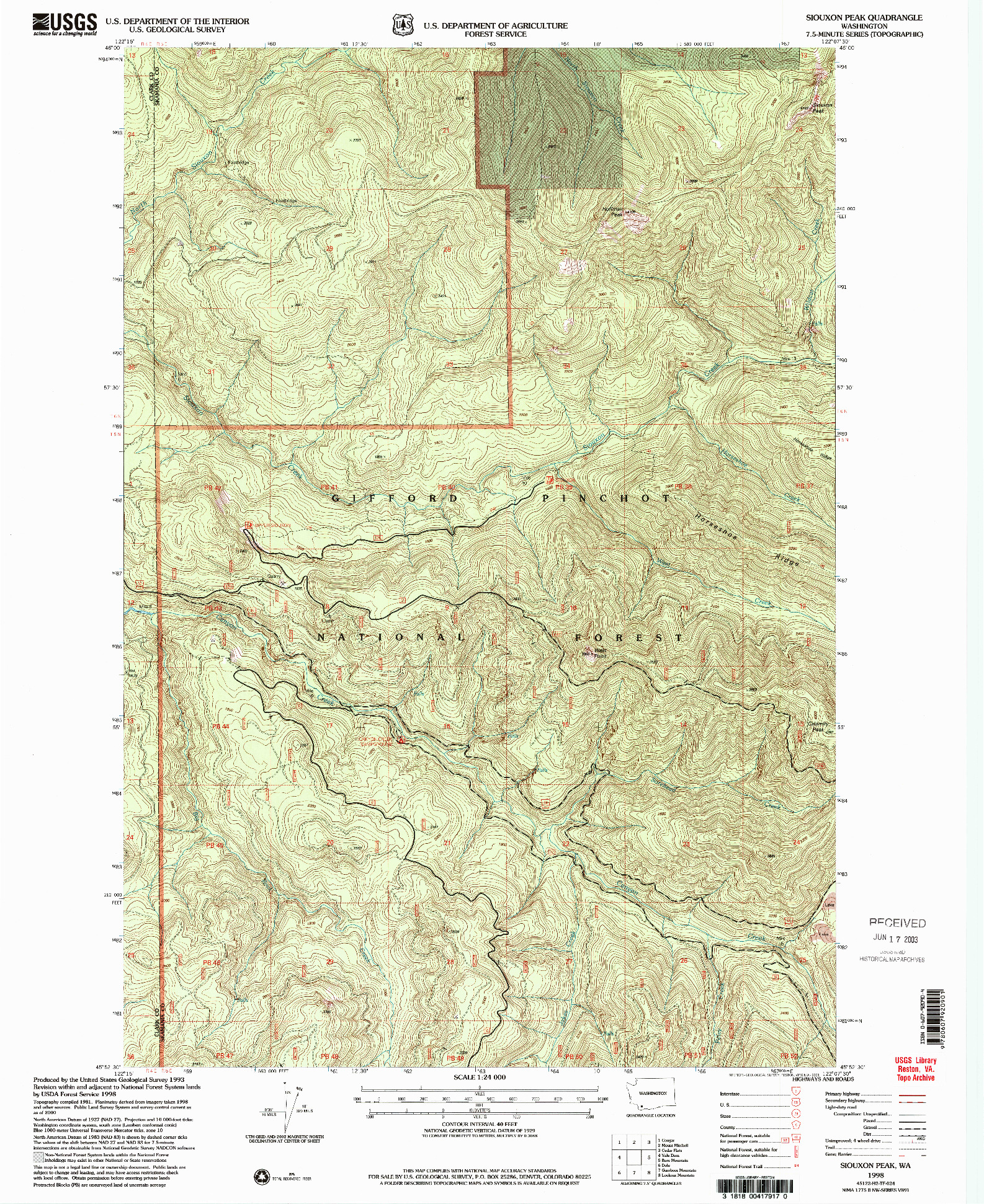 USGS 1:24000-SCALE QUADRANGLE FOR SIOUXON PEAK, WA 1998