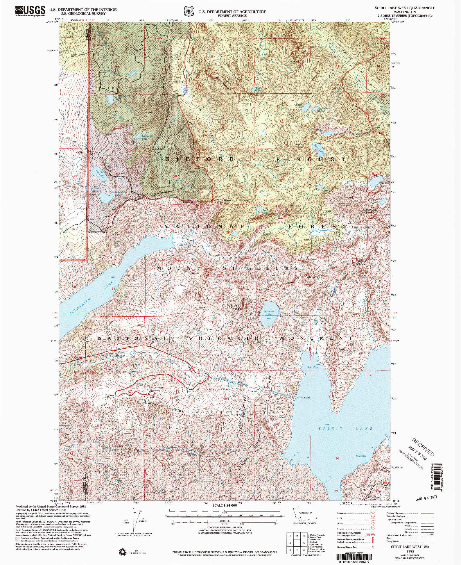 USGS 1:24000-SCALE QUADRANGLE FOR SPIRIT LAKE WEST, WA 1998