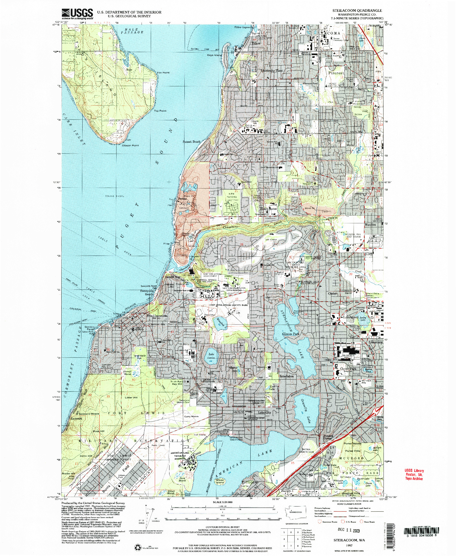 USGS 1:24000-SCALE QUADRANGLE FOR STEILACOOM, WA 1997