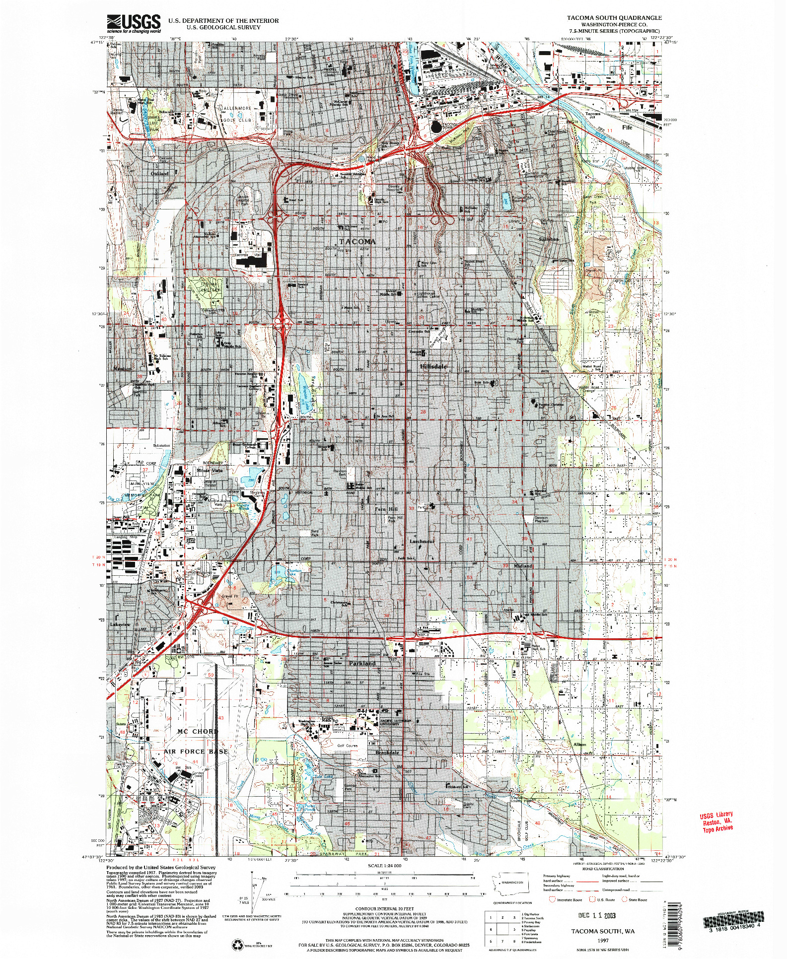 USGS 1:24000-SCALE QUADRANGLE FOR TACOMA SOUTH, WA 1997