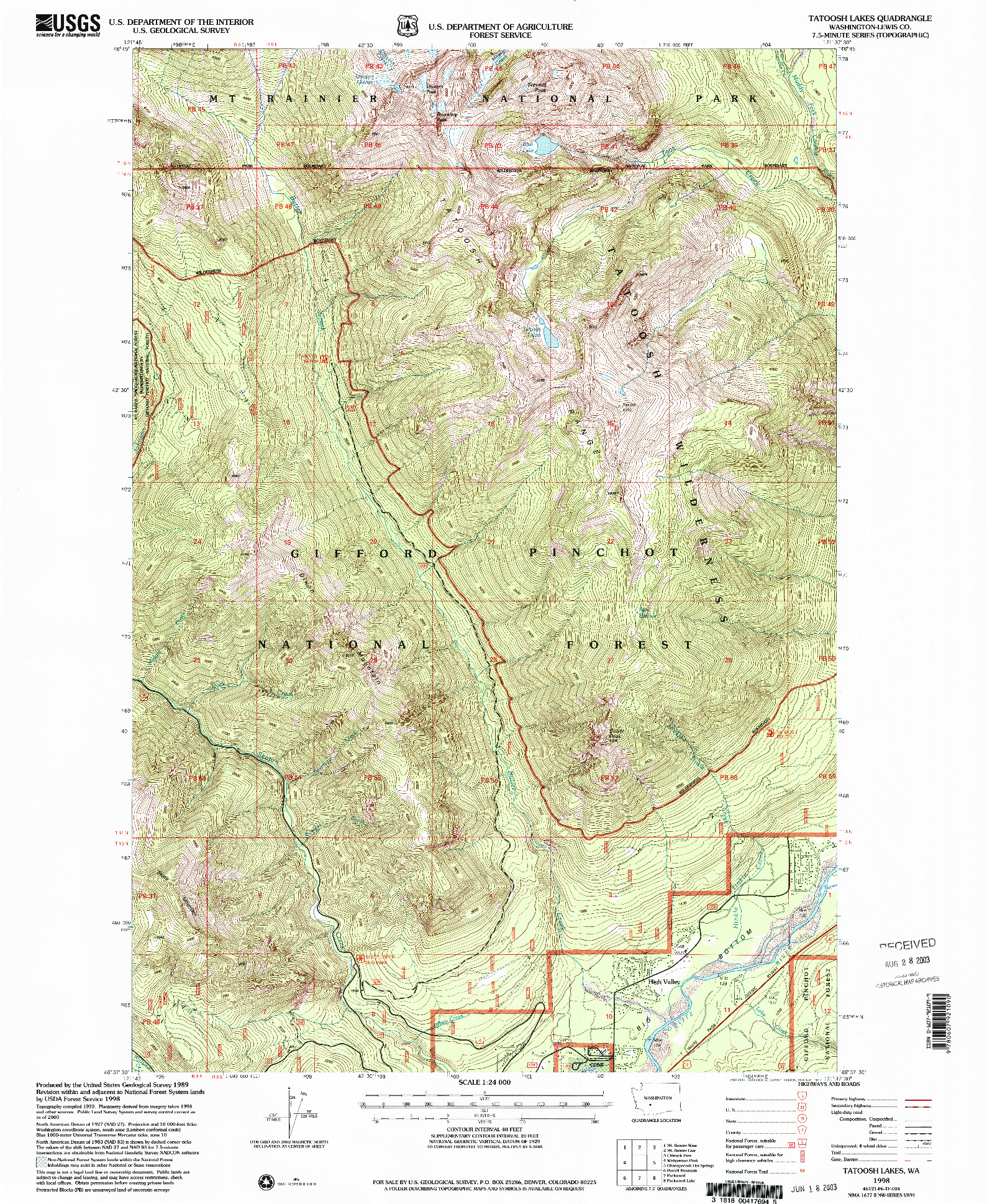 USGS 1:24000-SCALE QUADRANGLE FOR TATOOSH LAKES, WA 1998