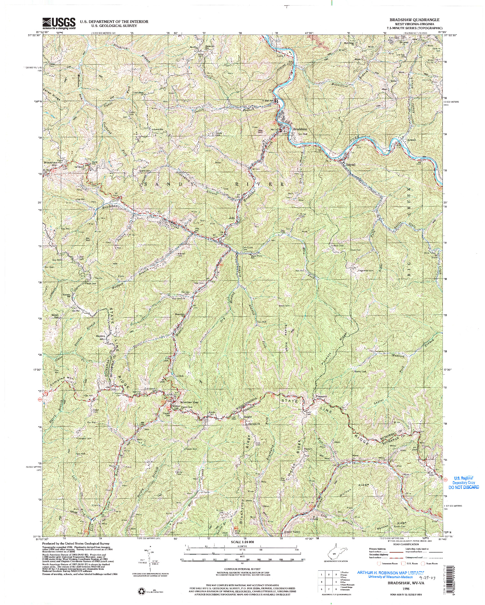 USGS 1:24000-SCALE QUADRANGLE FOR BRADSHAW, WV 1996