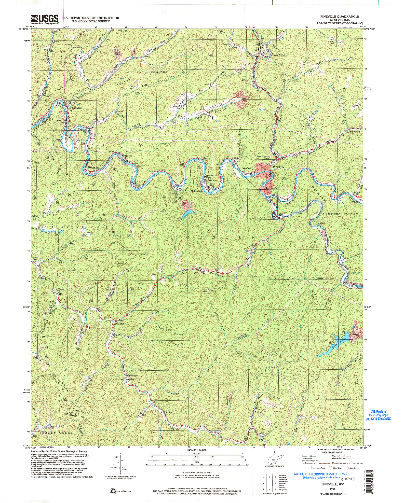 USGS 1:24000-SCALE QUADRANGLE FOR PINEVILLE, WV 1996