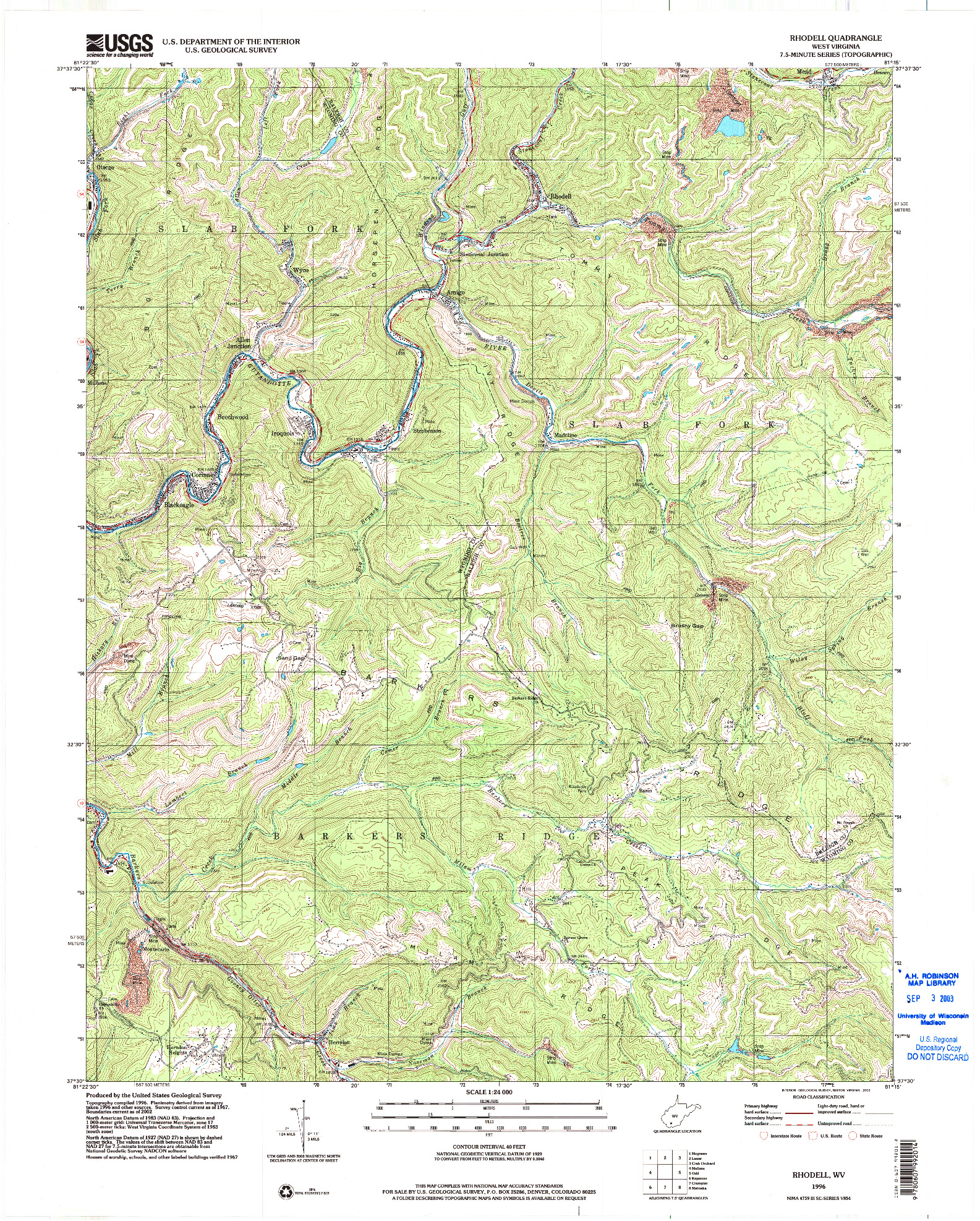 USGS 1:24000-SCALE QUADRANGLE FOR RHODELL, WV 1996