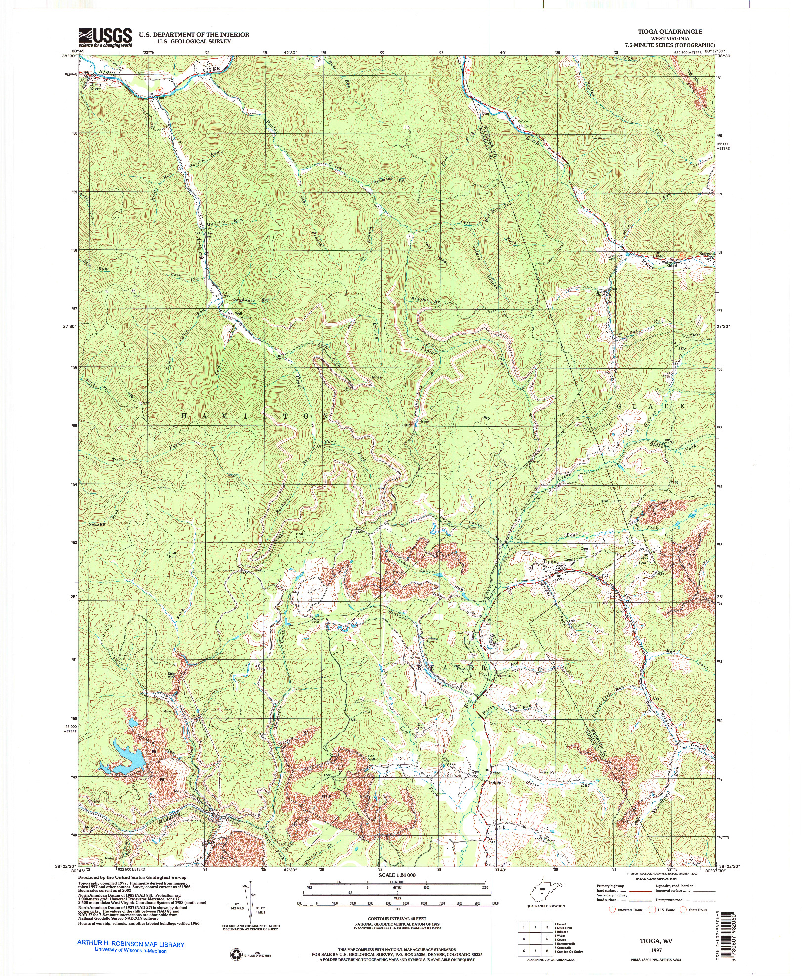 USGS 1:24000-SCALE QUADRANGLE FOR TIOGA, WV 1997