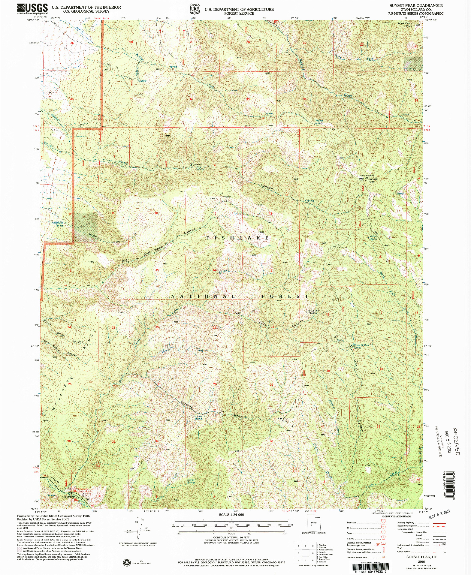 USGS 1:24000-SCALE QUADRANGLE FOR SUNSET PEAK, UT 2001